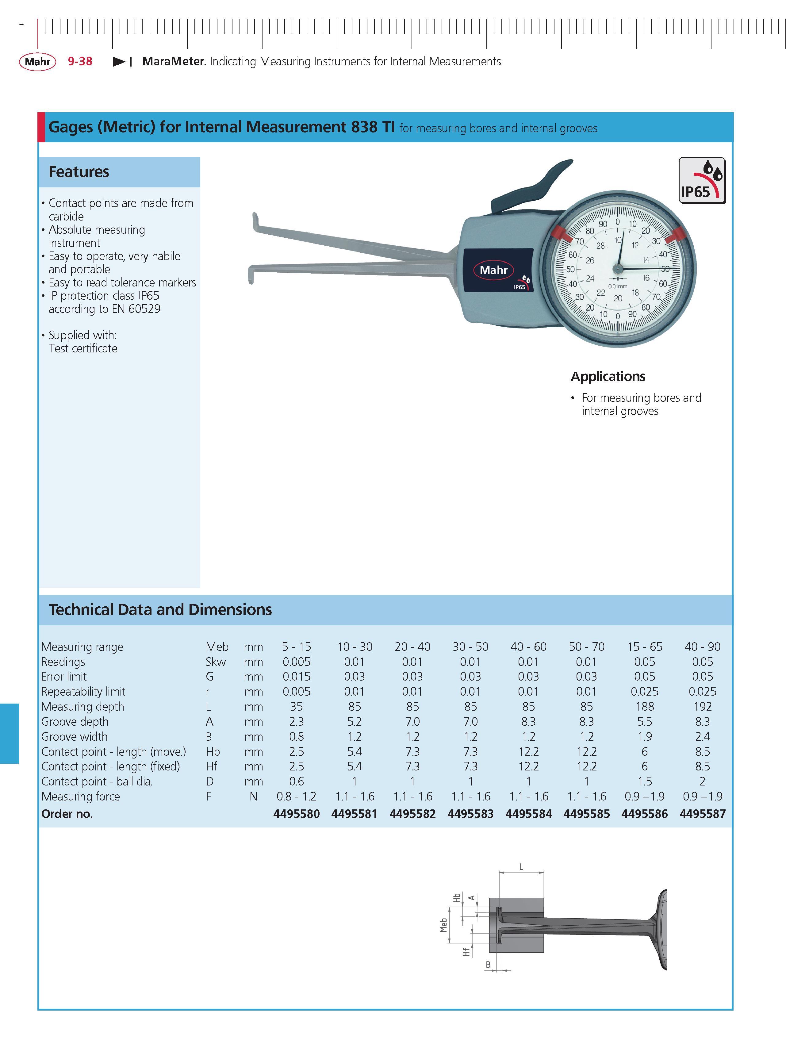 344 Mahr 9-38 MaraMeter Indicating Measuring Instruments for Internal Measurements Gages (Metric) for Internal Measurement 838 TI for measuring bor Каталог MAHR 2014 Измерительные инструменты приборы и оборудование для линейно-угловых измерений в машиностроении Стр. 9-38 ENG