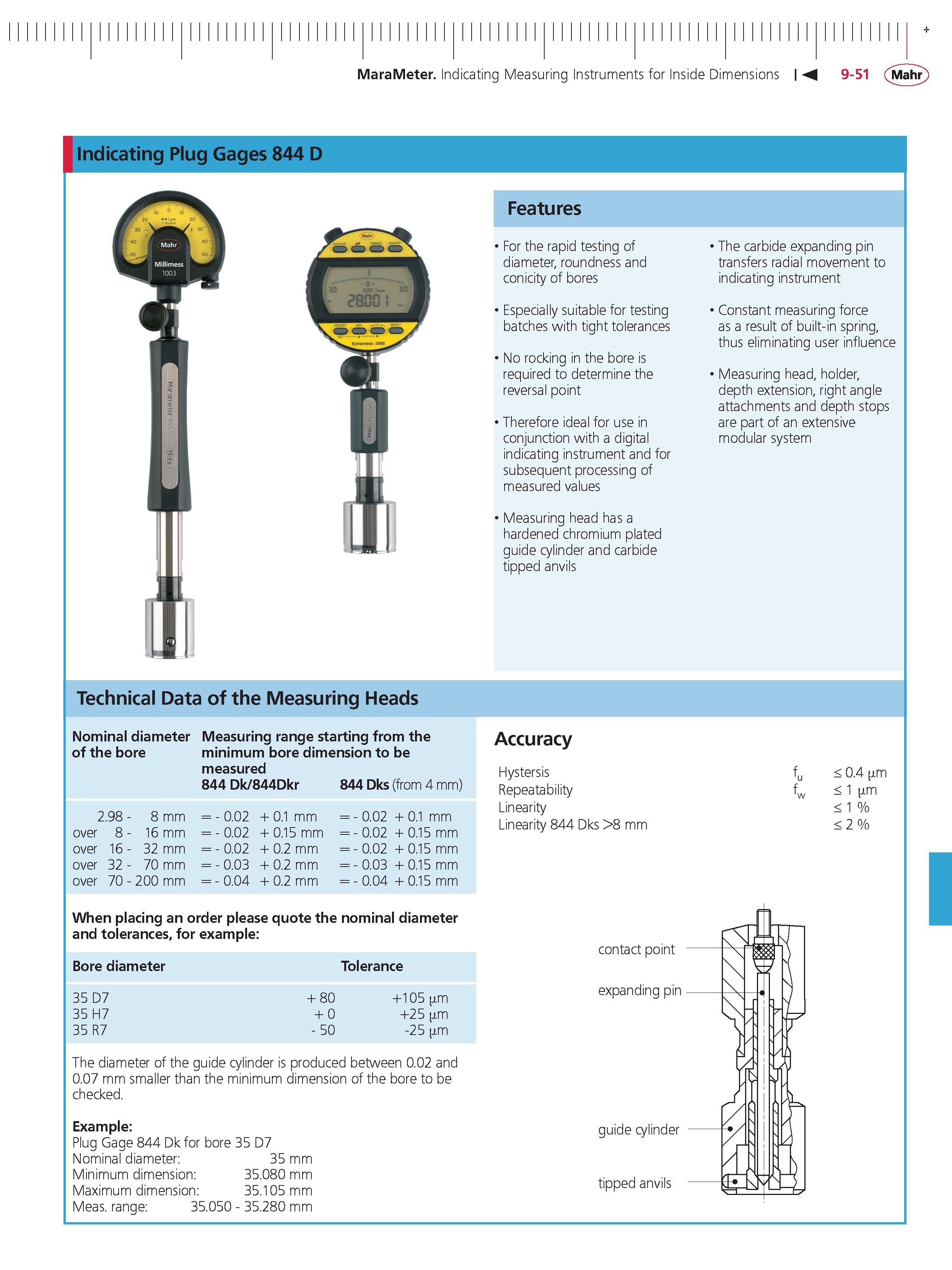 357 MaraMeter Indicating Measuring Instruments for Inside Dimensions M 9-51 Mahr Indicating Plug Gages 844 D Features For the rapid testing of diam Каталог MAHR 2014 Измерительные инструменты приборы и оборудование для линейно-угловых измерений в машиностроении Стр. 9-51 ENG