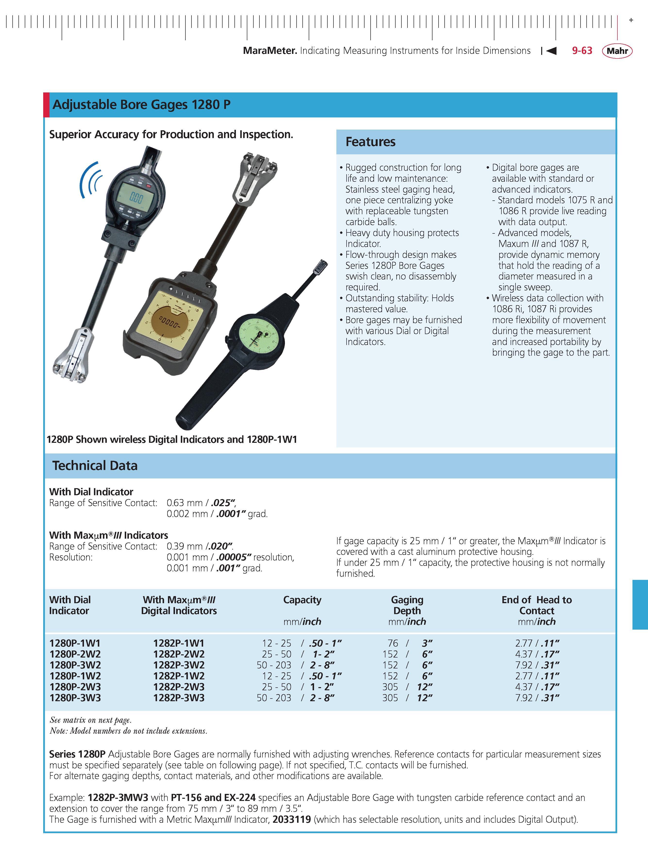 369 MaraMeter Indicating Measuring Instruments for Inside Dimensions 9-63 Mahr Adjustable Bore Gages 1280 P Superior Accuracy for Production and In Каталог MAHR 2014 Измерительные инструменты приборы и оборудование для линейно-угловых измерений в машиностроении Стр. 9-63 ENG
