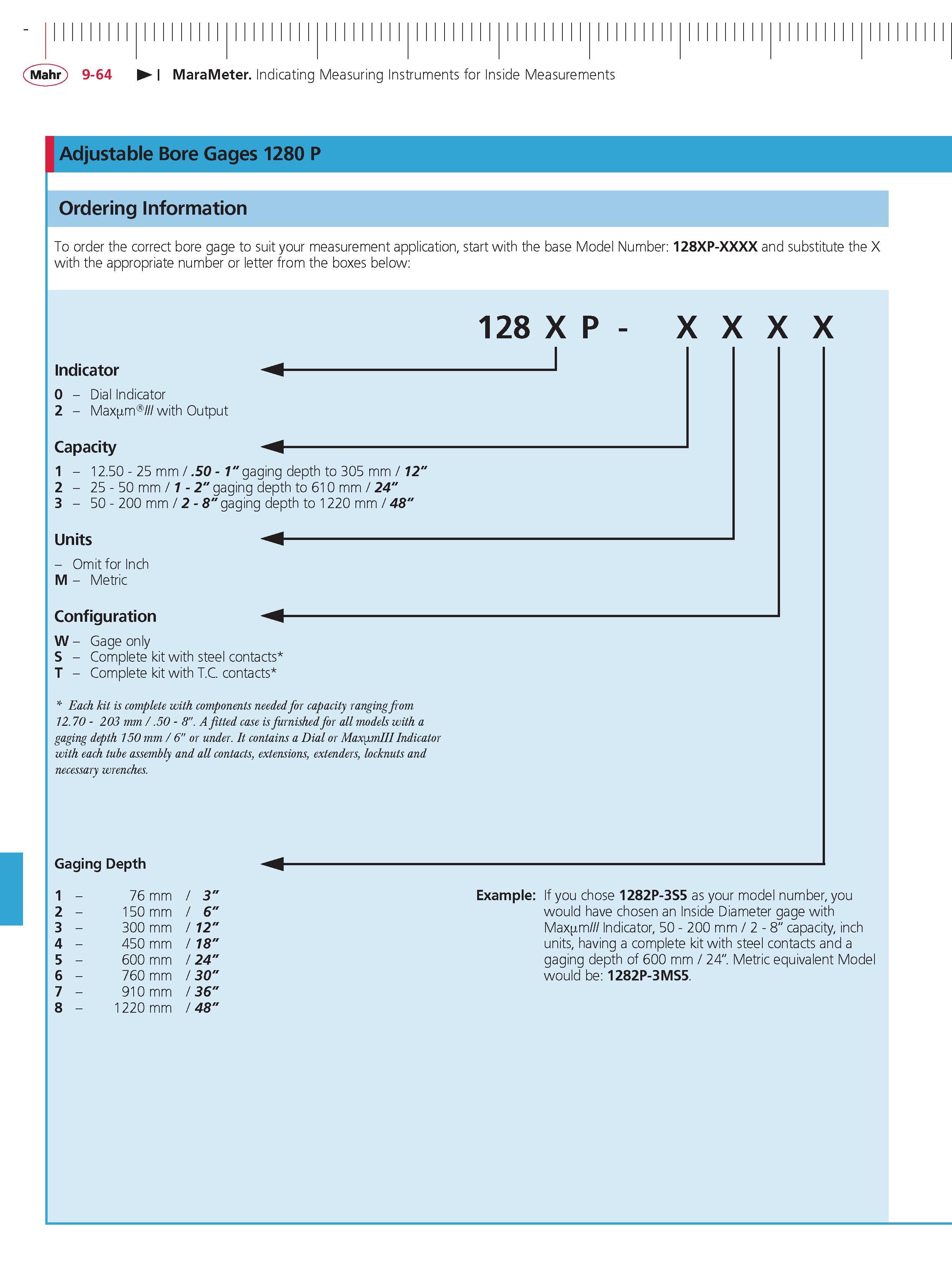 370 Mahr 9-64 MaraMeter Indicating Measuring Instruments for Inside Measurements Adjustable Bore Gages 1280 P Ordering Information To order the cor Каталог MAHR 2014 Измерительные инструменты приборы и оборудование для линейно-угловых измерений в машиностроении Стр. 9-64 ENG