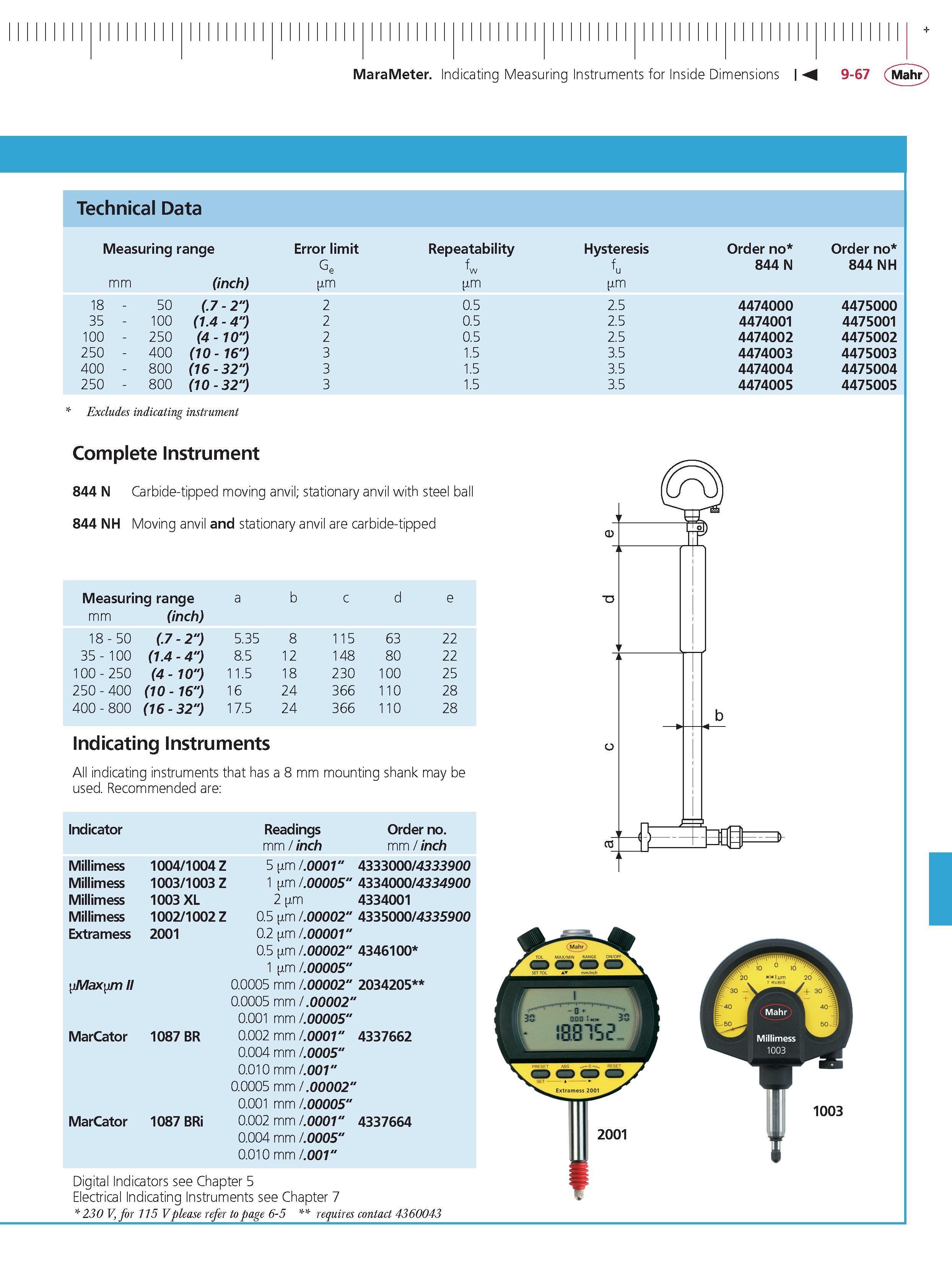 373 MaraMeter Indicating Measuring Instruments for Inside Dimensions M 9-67 Mahr Technical Data Measuring range Error limit Repeatability Hysteresi Каталог MAHR 2014 Измерительные инструменты приборы и оборудование для линейно-угловых измерений в машиностроении Стр. 9-67 ENG