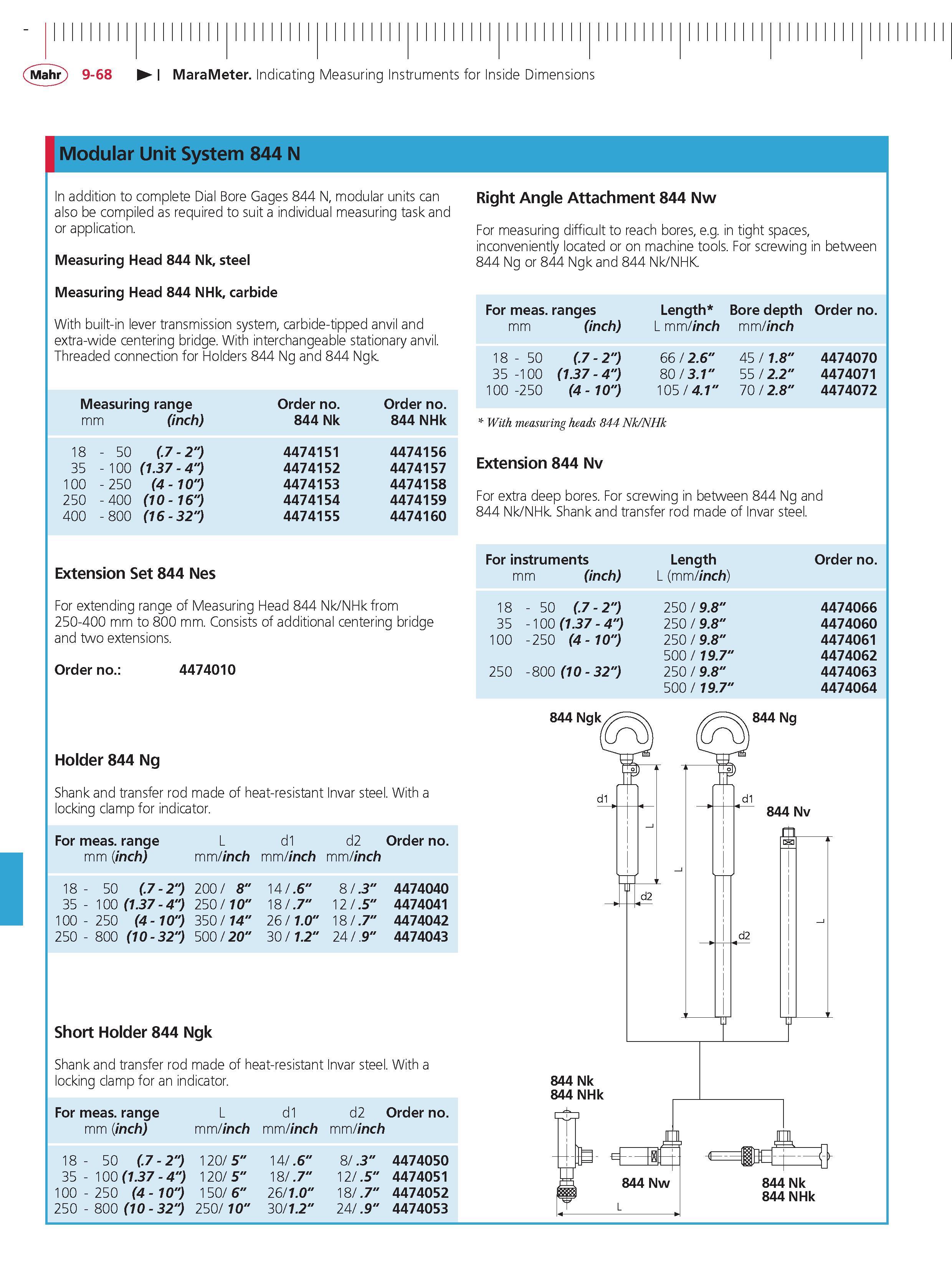 374 Mahr 9-68 MaraMeter Indicating Measuring Instruments for Inside Dimensions Modular Unit System 844 N Measuring range Order no Order no mm (inch Каталог MAHR 2014 Измерительные инструменты приборы и оборудование для линейно-угловых измерений в машиностроении Стр. 9-68 ENG