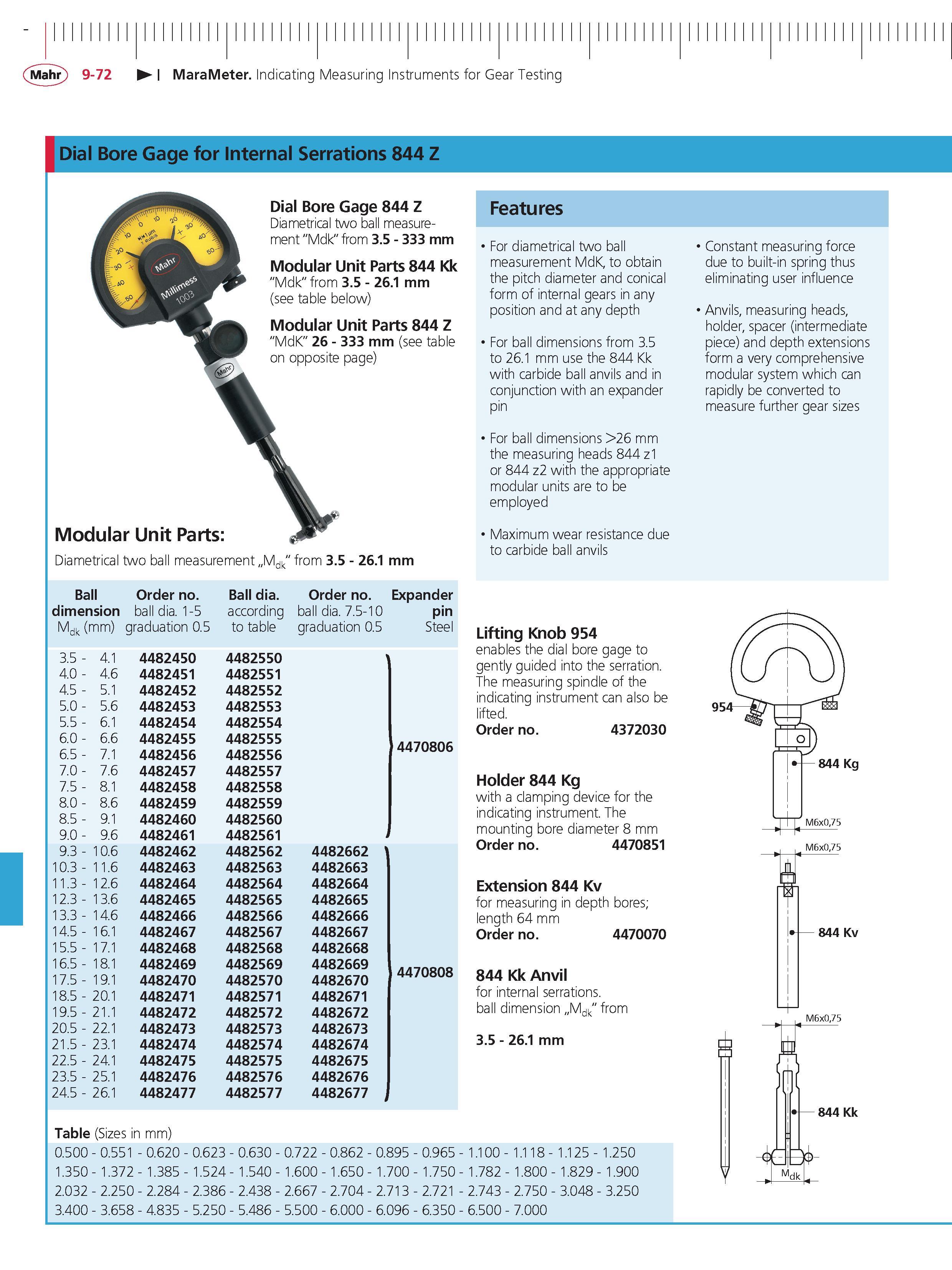 378 Mahr 9-72 MaraMeter Indicating Measuring Instruments for Gear Testing Dial Bore Gage for Internal Serrations 844 Z Dial Bore Gage 844 Z Diametr Каталог MAHR 2014 Измерительные инструменты приборы и оборудование для линейно-угловых измерений в машиностроении Стр. 9-72 ENG