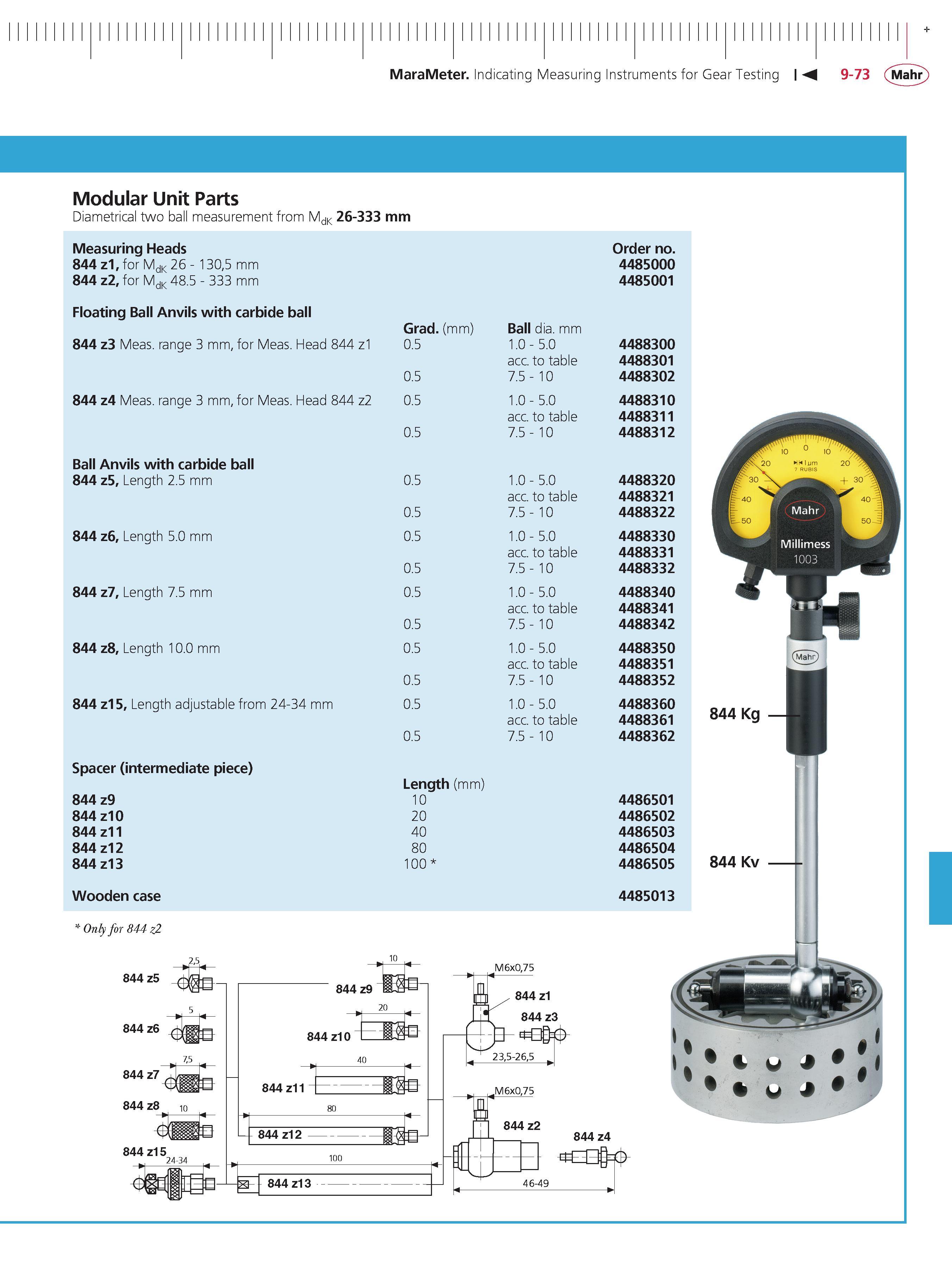 379 MaraMeter Indicating Measuring Instruments for Gear Testing 9-73 Mahr Modular Unit Parts Diametrical two ball measurement from MdK 26-333 mm Me Каталог MAHR 2014 Измерительные инструменты приборы и оборудование для линейно-угловых измерений в машиностроении Стр. 9-73 ENG
