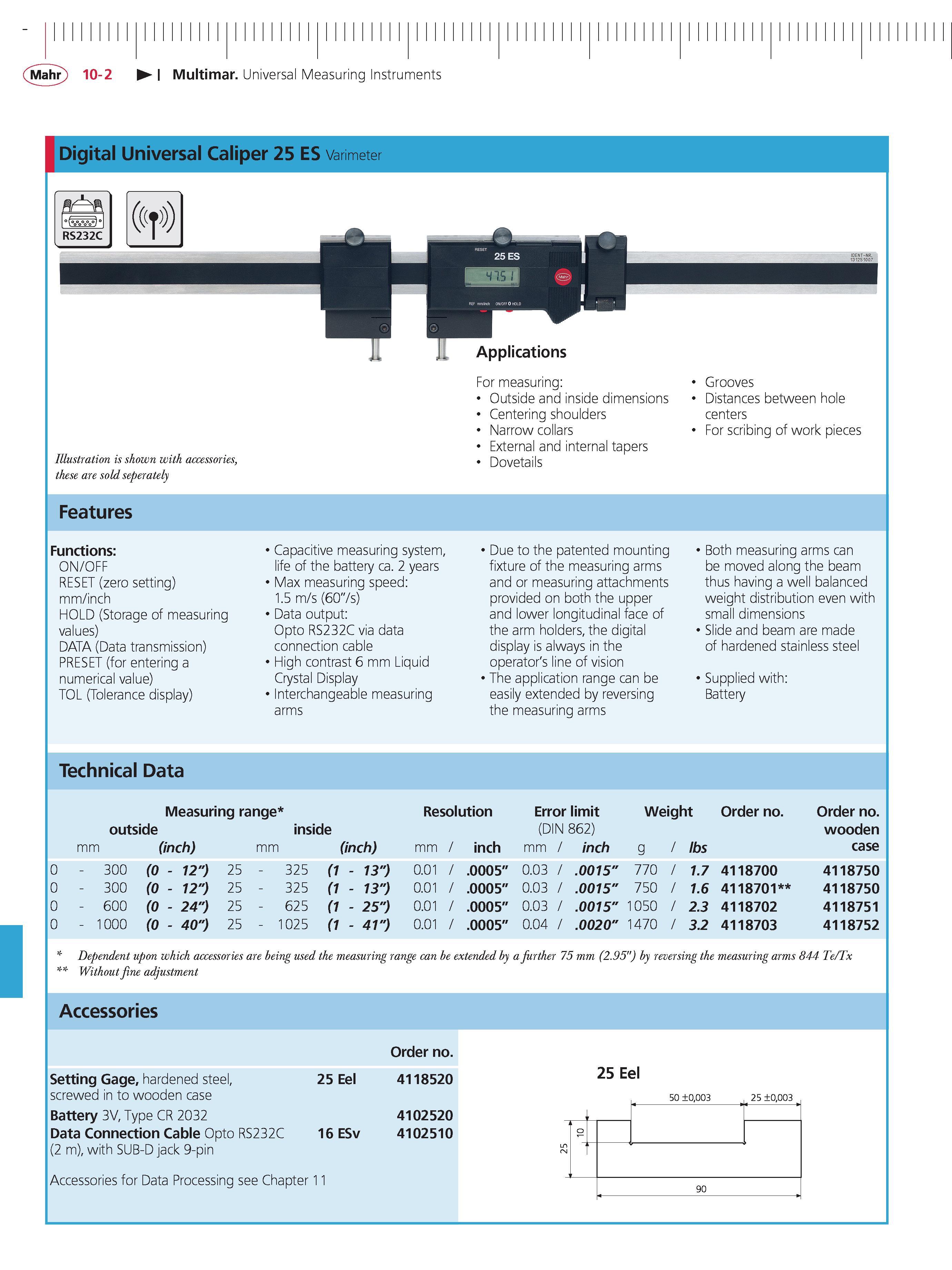 384 Mahr 10-2 Multimar Universal Measuring Instruments Digital Universal Caliper 25 ES v Illustration is shown with accessories these are sold sepe Каталог MAHR 2014 Измерительные инструменты приборы и оборудование для линейно-угловых измерений в машиностроении Стр. 10-2 ENG
