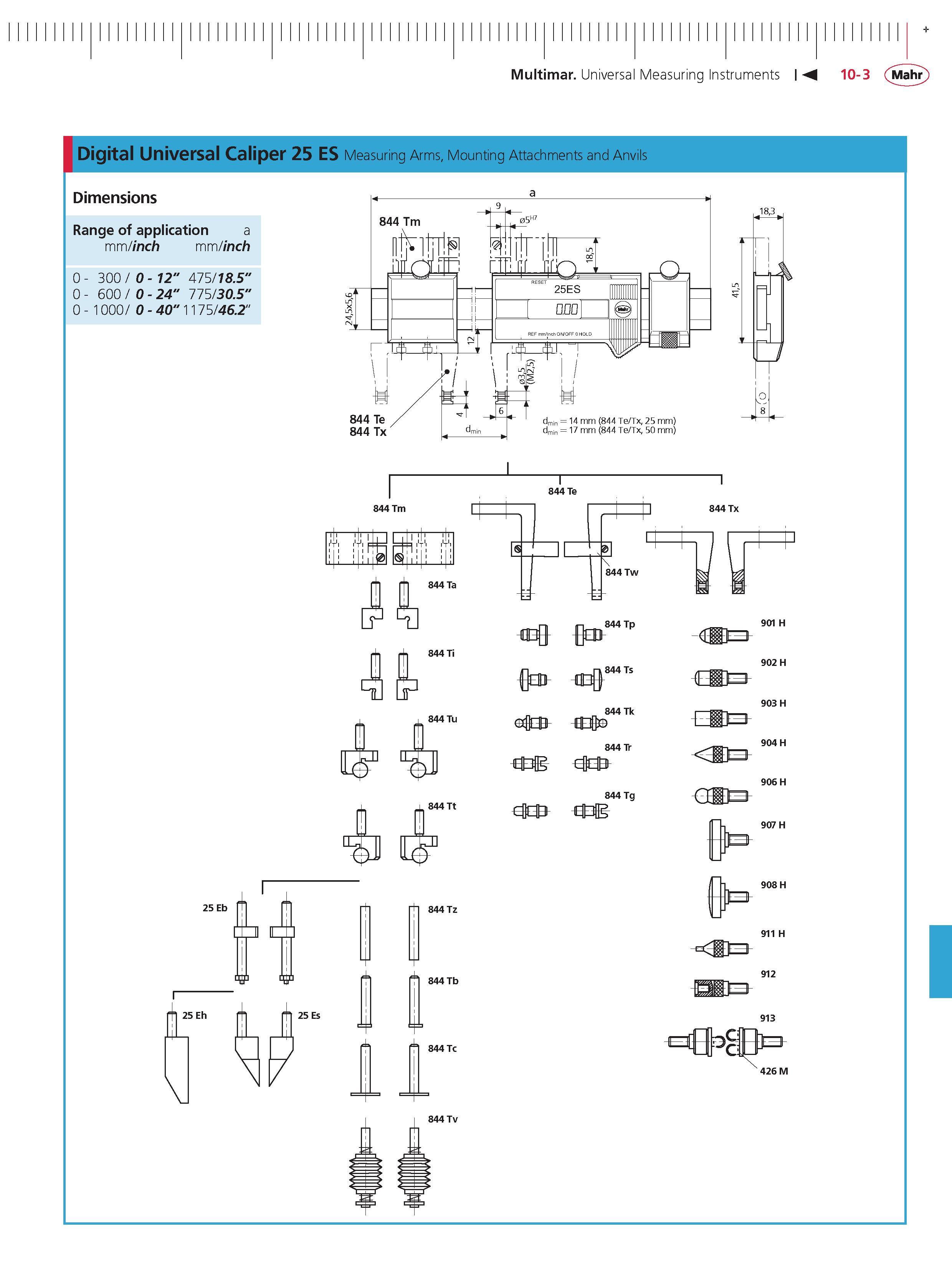 385 Multimar Universal Measuring Instruments M 10-3 Mahr + Digital Universal Caliper 25 ES Measuring Arms Mounting Attachments and Anvils Dimension Каталог MAHR 2014 Измерительные инструменты приборы и оборудование для линейно-угловых измерений в машиностроении Стр. 10-3 ENG
