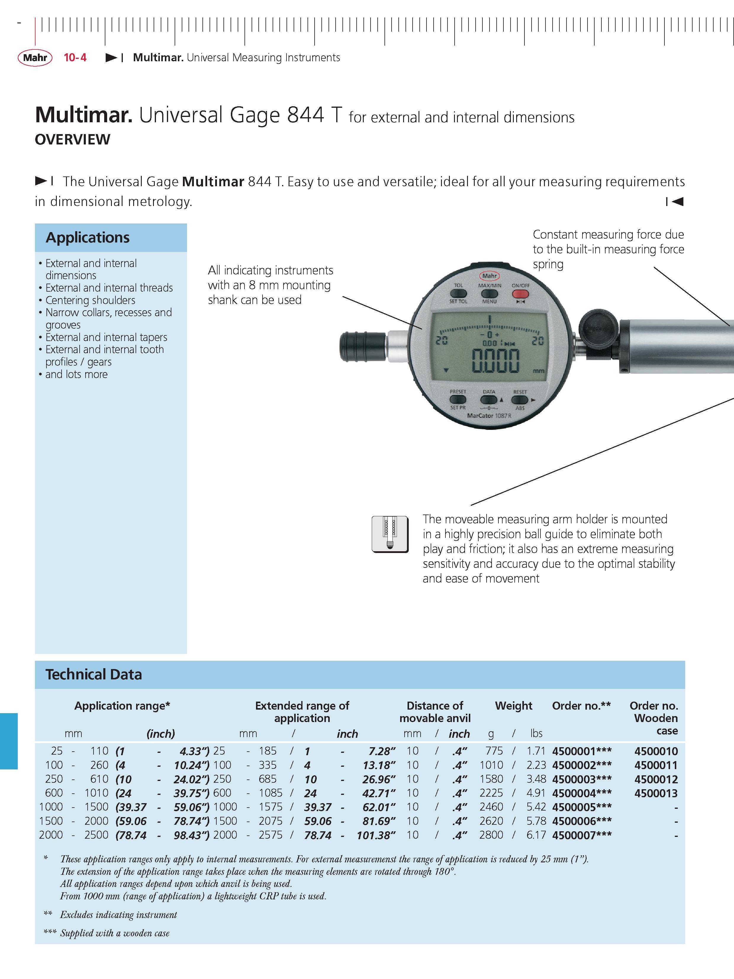 386 Mahr 10-4 Multimar Universal Measuring Instruments Multimar Universal Gage 844 T for external and internal dimensions OVERVIEW The Universal Ga Каталог MAHR 2014 Измерительные инструменты приборы и оборудование для линейно-угловых измерений в машиностроении Стр. 10-4 ENG