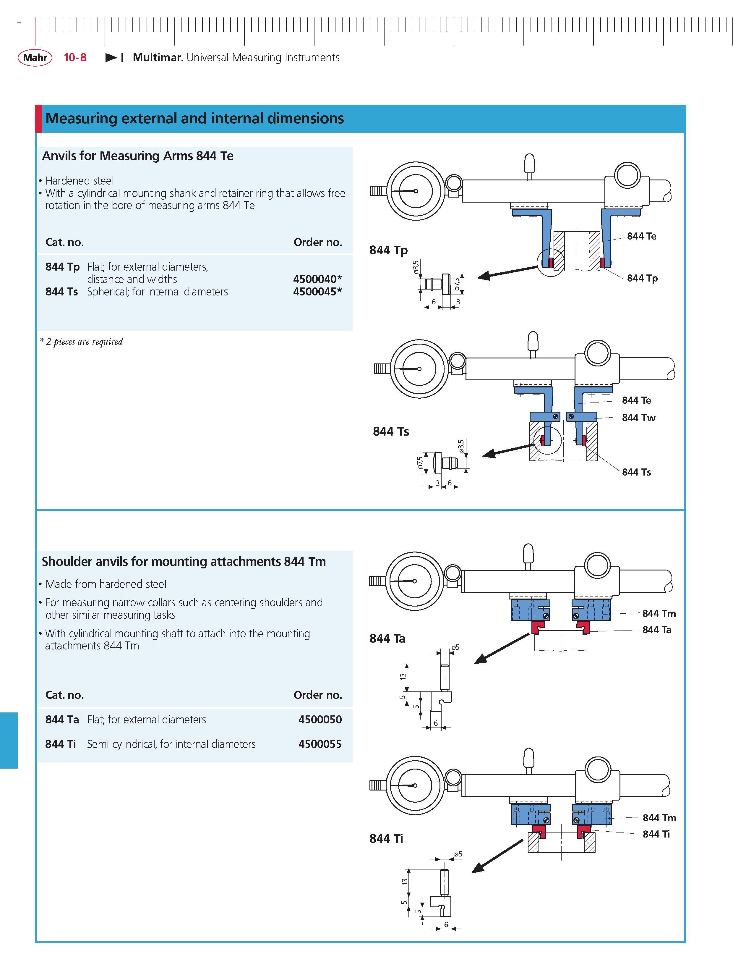 390 Mahr 10-8 Multimar Universal Measuring Instruments Measuring external and internal dimensions Anvils for Measuring Arms 844 Te Hardened steel W Каталог MAHR 2014 Измерительные инструменты приборы и оборудование для линейно-угловых измерений в машиностроении Стр. 10-8 ENG