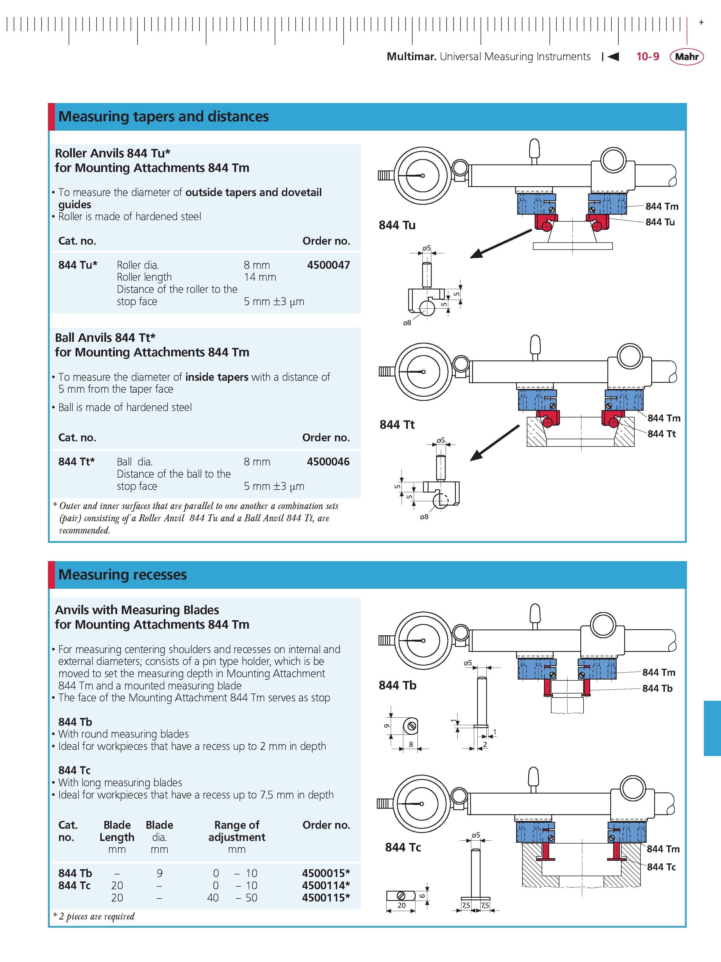 391 Multimar Universal Measuring Instruments M 10-9 Mahr Measuring tapers and distances Roller Anvils 844 Tu for Mounting Attachments 844 Tm To mea Каталог MAHR 2014 Измерительные инструменты приборы и оборудование для линейно-угловых измерений в машиностроении Стр. 10-9 ENG