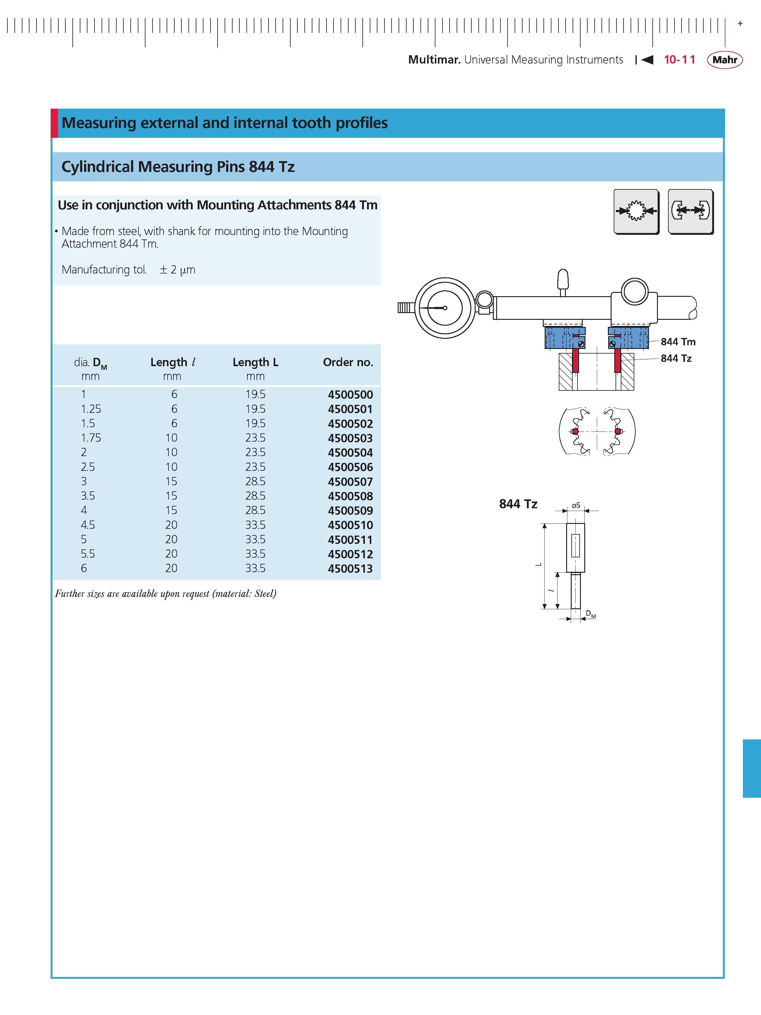 393 Multimar Universal Measuring Instruments M 10-11 Mahr Measuring external and internal tooth profiles Cylindrical Measuring Pins 844 Tz Use in c Каталог MAHR 2014 Измерительные инструменты приборы и оборудование для линейно-угловых измерений в машиностроении Стр. 10-11 ENG