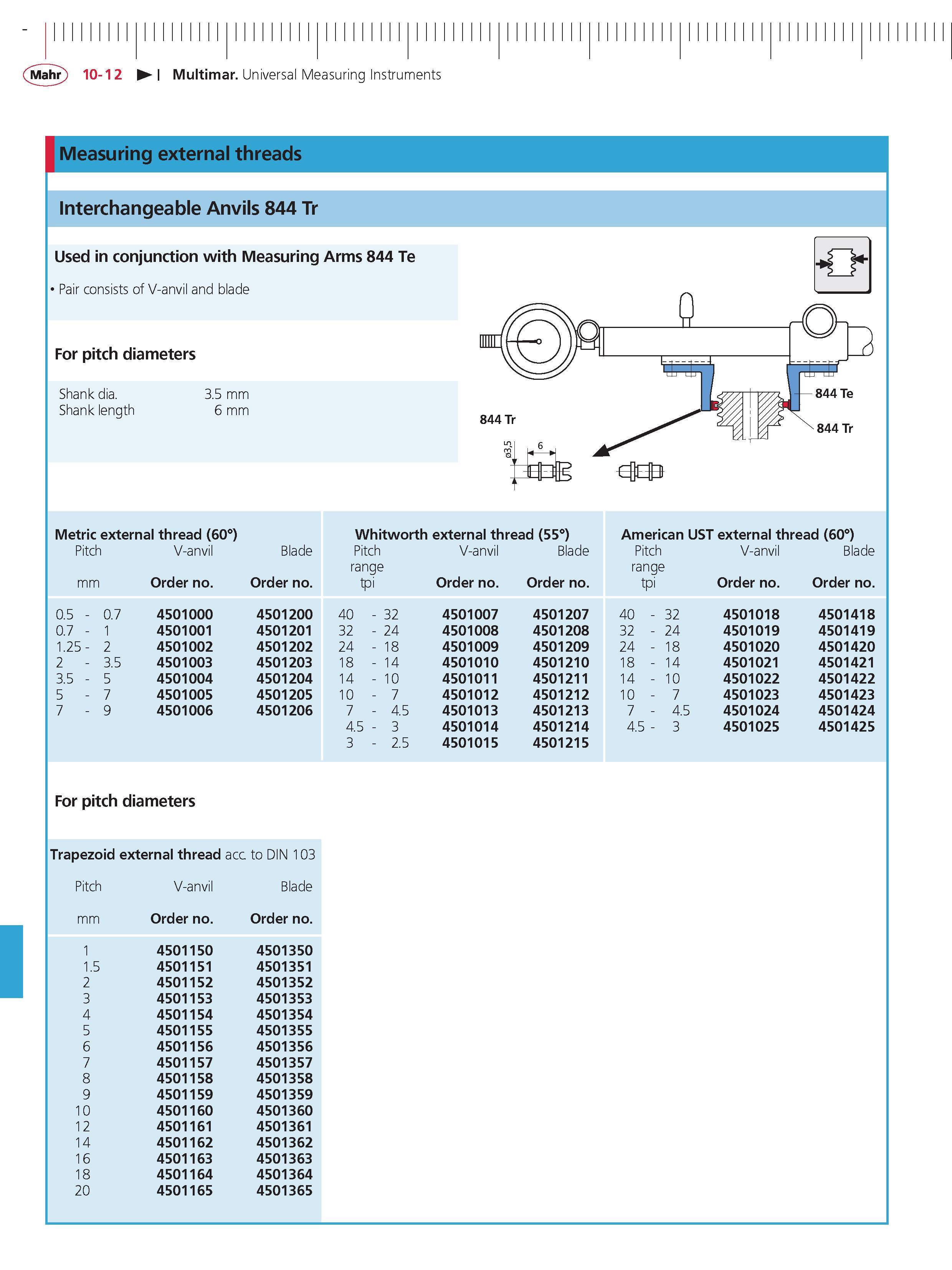 394 Mahr 10-12 Multimar Universal Measuring Instruments Measuring external threads interchangeable Anvils 844 Tr Used in conjunction with Measuring Каталог MAHR 2014 Измерительные инструменты приборы и оборудование для линейно-угловых измерений в машиностроении Стр. 10-12 ENG