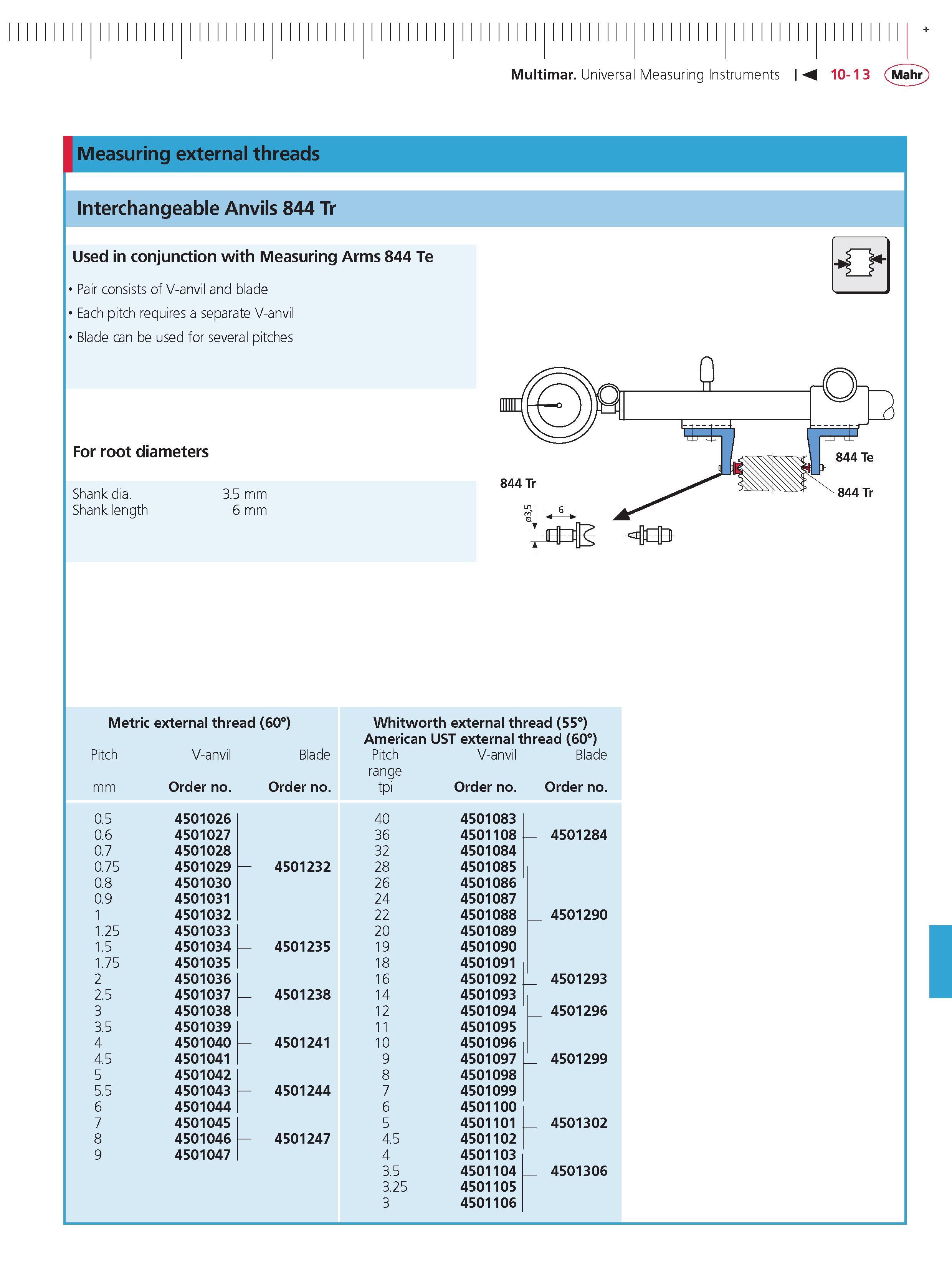 395 Multimar Universal Measuring Instruments M 10-13 Mahr Measuring external threads interchangeable Anvils 844 Tr Used in conjunction with Measuri Каталог MAHR 2014 Измерительные инструменты приборы и оборудование для линейно-угловых измерений в машиностроении Стр. 10-13 ENG