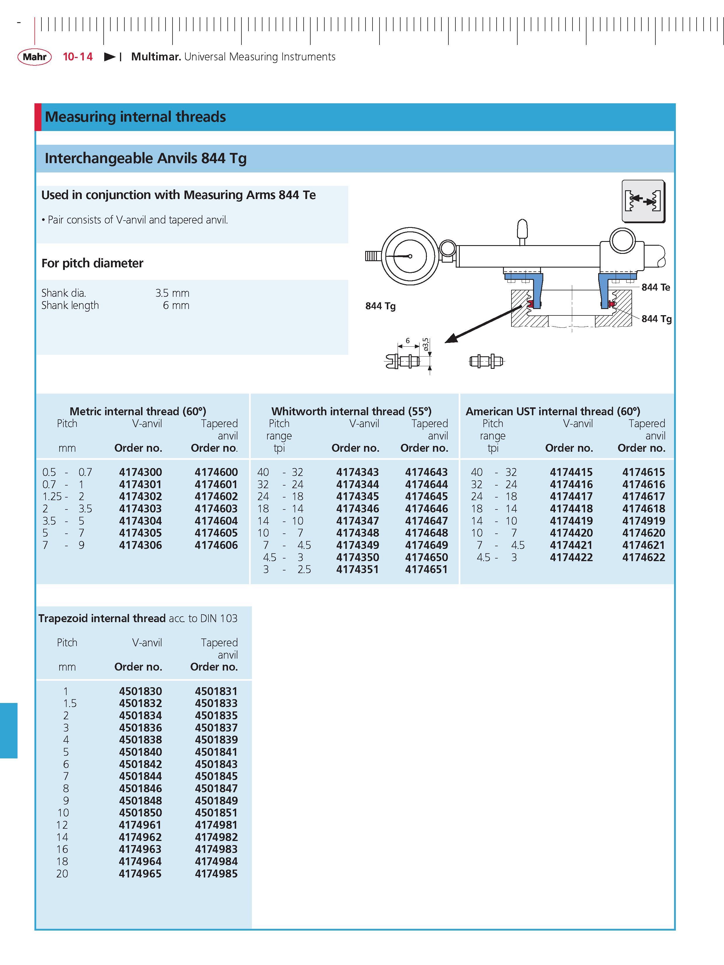 396 Mahr 10-14 Multimar Universal Measuring Instruments Measuring internal threads interchangeable Anvils 844 Tg Used in conjunction with Measuring Каталог MAHR 2014 Измерительные инструменты приборы и оборудование для линейно-угловых измерений в машиностроении Стр. 10-14 ENG