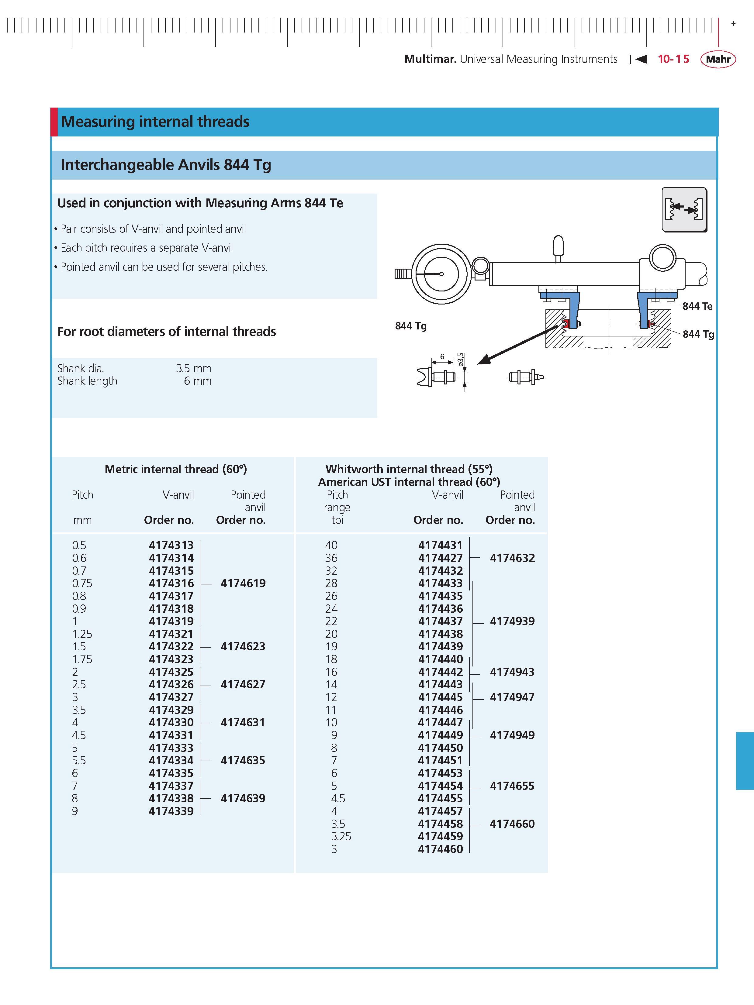 397 Multimar Universal Measuring Instruments M 10-15 Mahr Measuring internal threads interchangeable Anvils 844 Tg Used in conjunction with Measuri Каталог MAHR 2014 Измерительные инструменты приборы и оборудование для линейно-угловых измерений в машиностроении Стр. 10-15 ENG