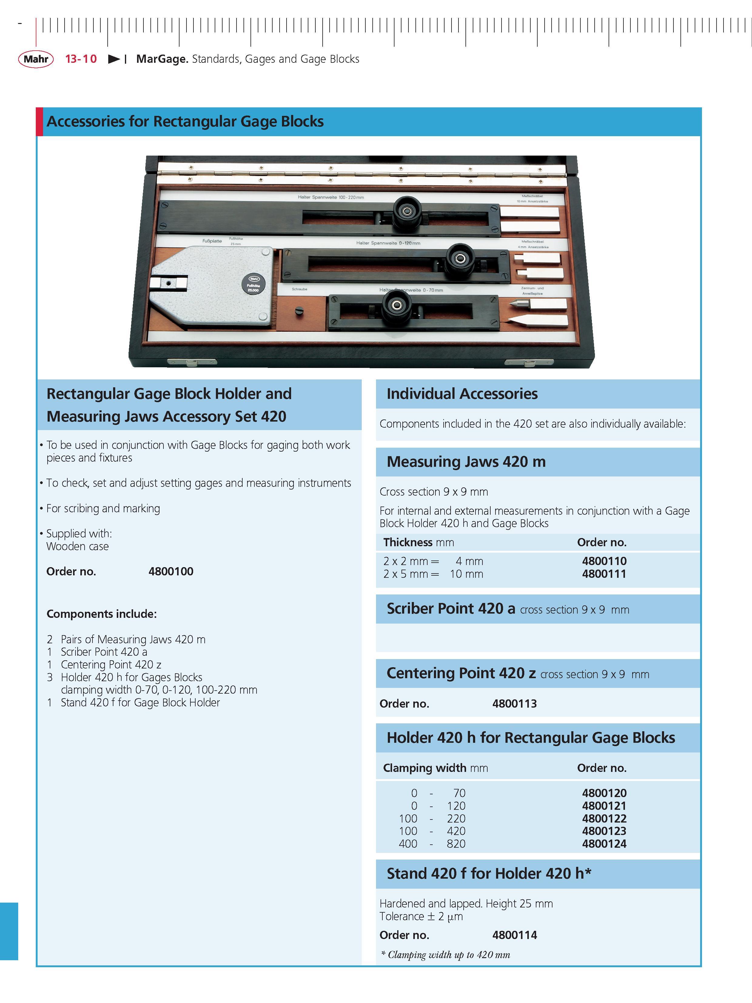 436 Mahr 13-10 MarGage Standards Gages and Gage Blocks Accessories for Rectangular Gage Blocks Rectangular Gage Block Holder and Measuring Jaws acc Каталог MAHR 2014 Измерительные инструменты приборы и оборудование для линейно-угловых измерений в машиностроении Стр. 13-10 ENG