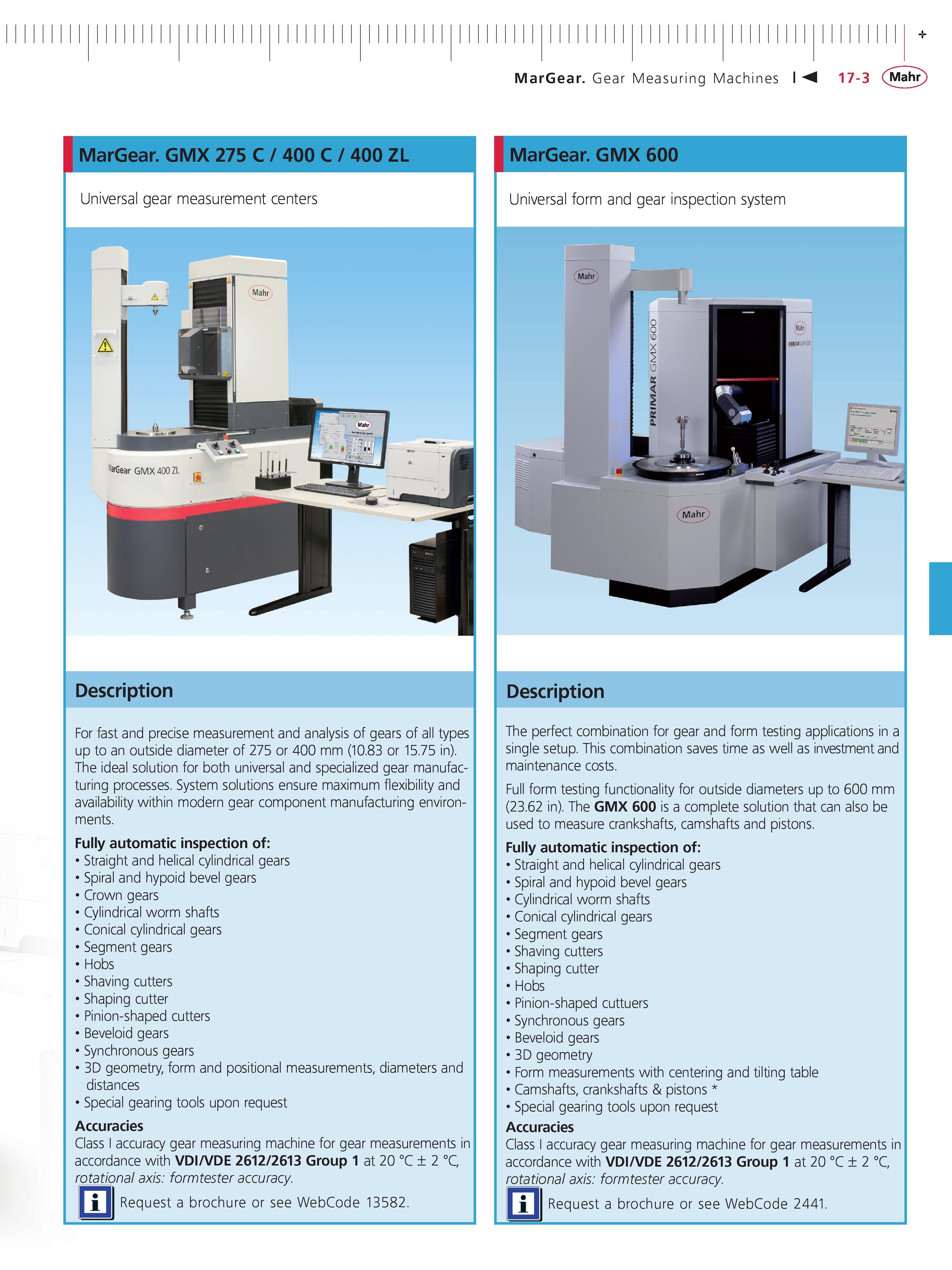 536 MarGear Gear Measuring Machines M 17-3 Mahr MarGear GMX 275 C 400 C 400 ZL Universal gear measurement centers Description For fast and precise Каталог MAHR 2014 Измерительные инструменты приборы и оборудование для линейно-угловых измерений в машиностроении Стр. 17-3 ENG