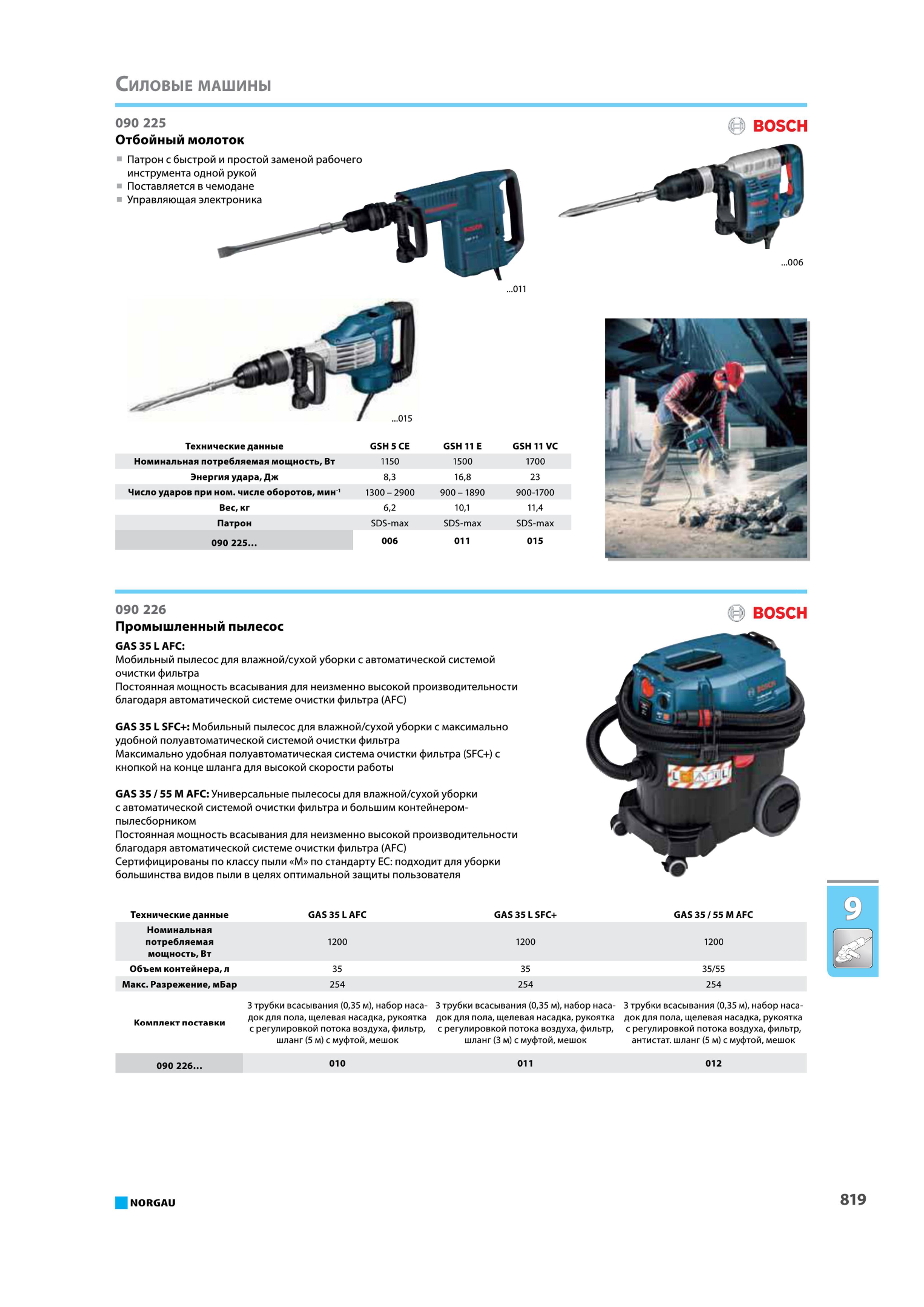 835 Отбойный молоток BOSCH 011 Патрон с быстрой и простой заменой рабочего инструмента одной рукой Поставляется в чемодане Управляющая электроника 006 Технические д Каталог NORGAU 2015 Инструмент режущий измерительный слесарно-монтажный механизированный Оснастка Средства хранения Стр. 819