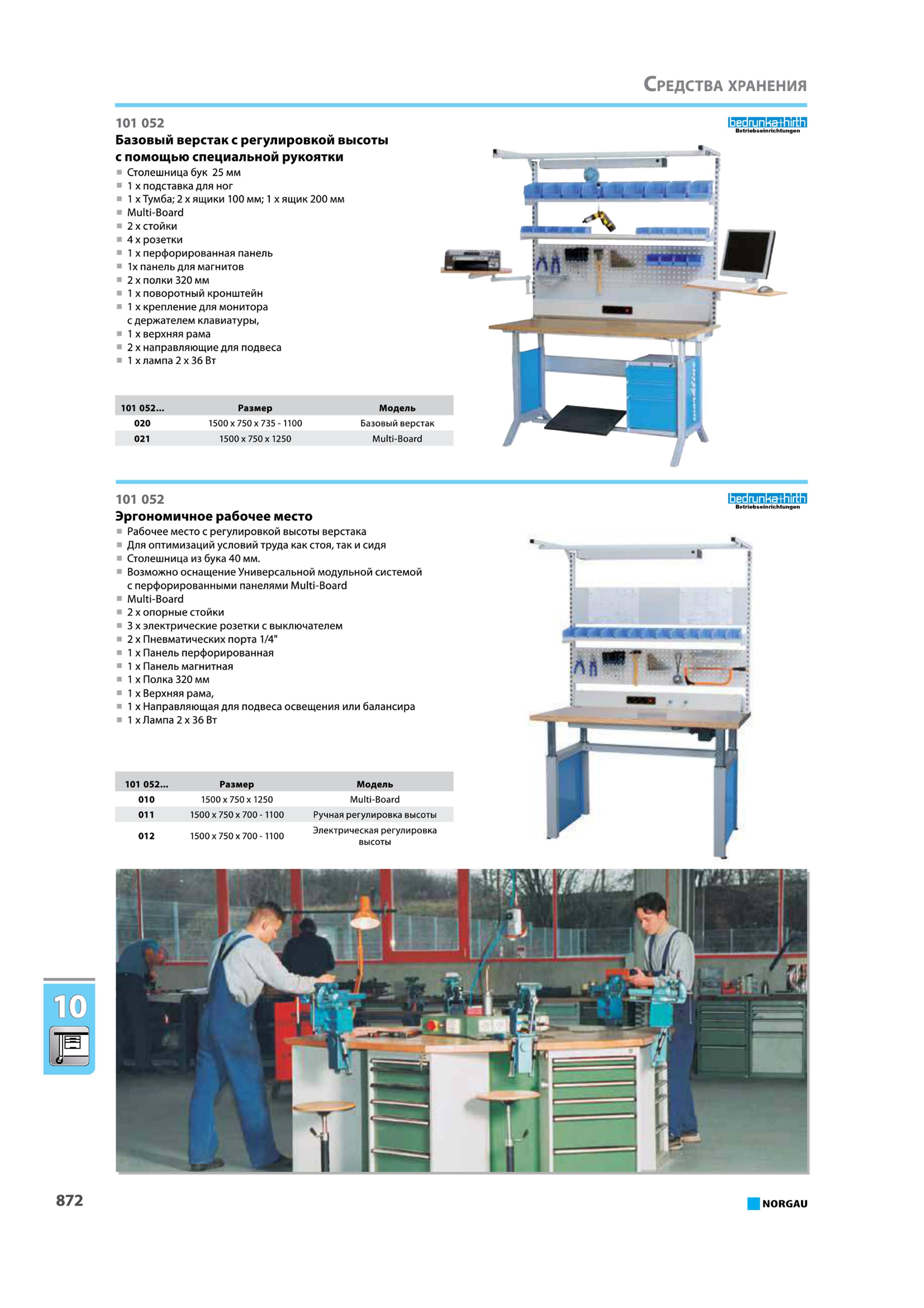 888 Базовый верстак 021 1500x750x1250 Multi-Board 101 052 Базовый верстак с регулировкой высоты с помощью специальной рукоятки Столешница бук 25 мм 1 х подставка дл Каталог NORGAU 2015 Инструмент режущий измерительный слесарно-монтажный механизированный Оснастка Средства хранения Стр. 872