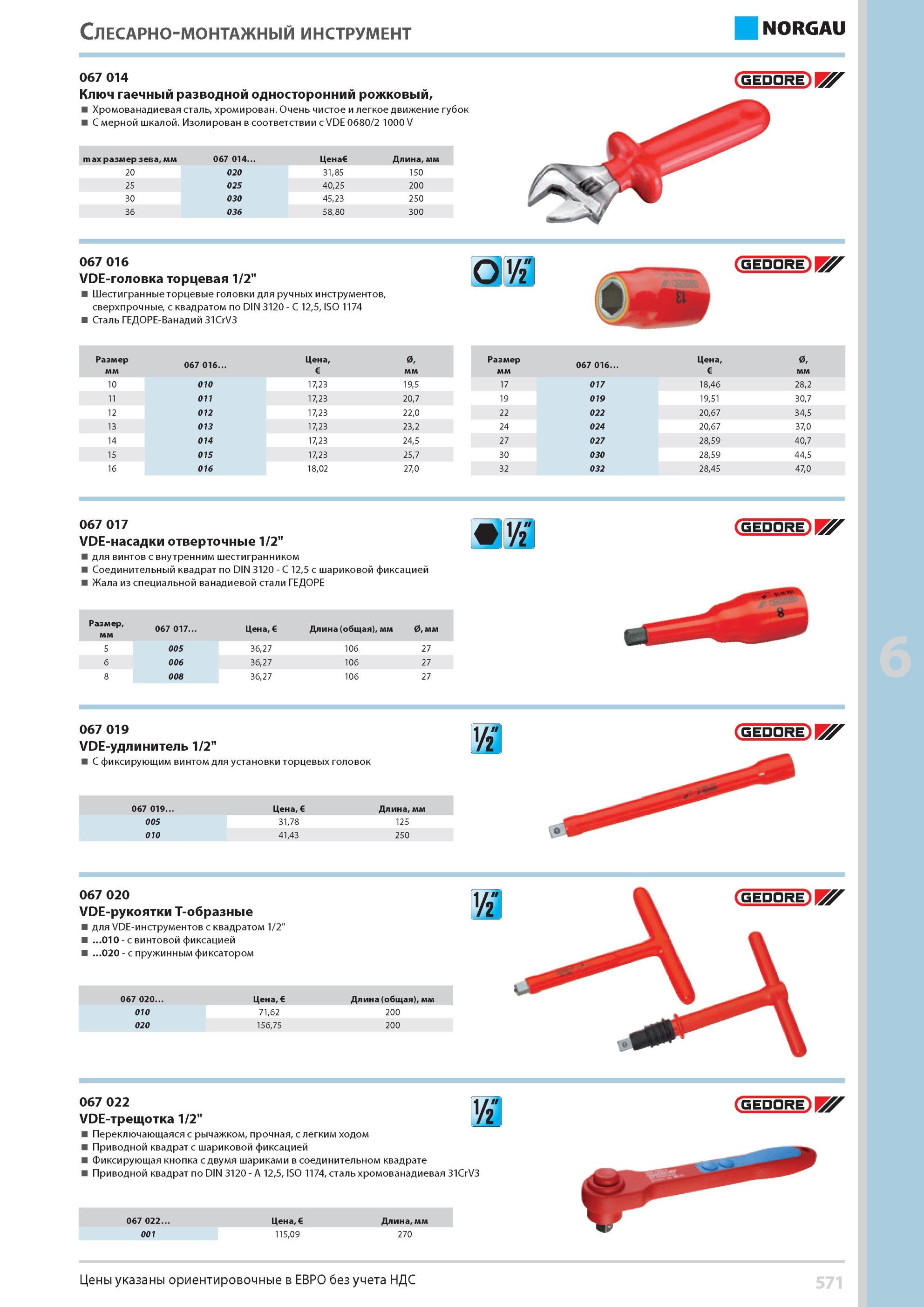 587 Ключ гаечный разводной односторонний рожковый Хромованадиевая сталь хромирован Очень чистое и легкое движение губок С мерной шкалой Изолирован в соответств Каталог NORGAU 2014 Профессиональные инструменты и промышленное оборудование Стр. 571
