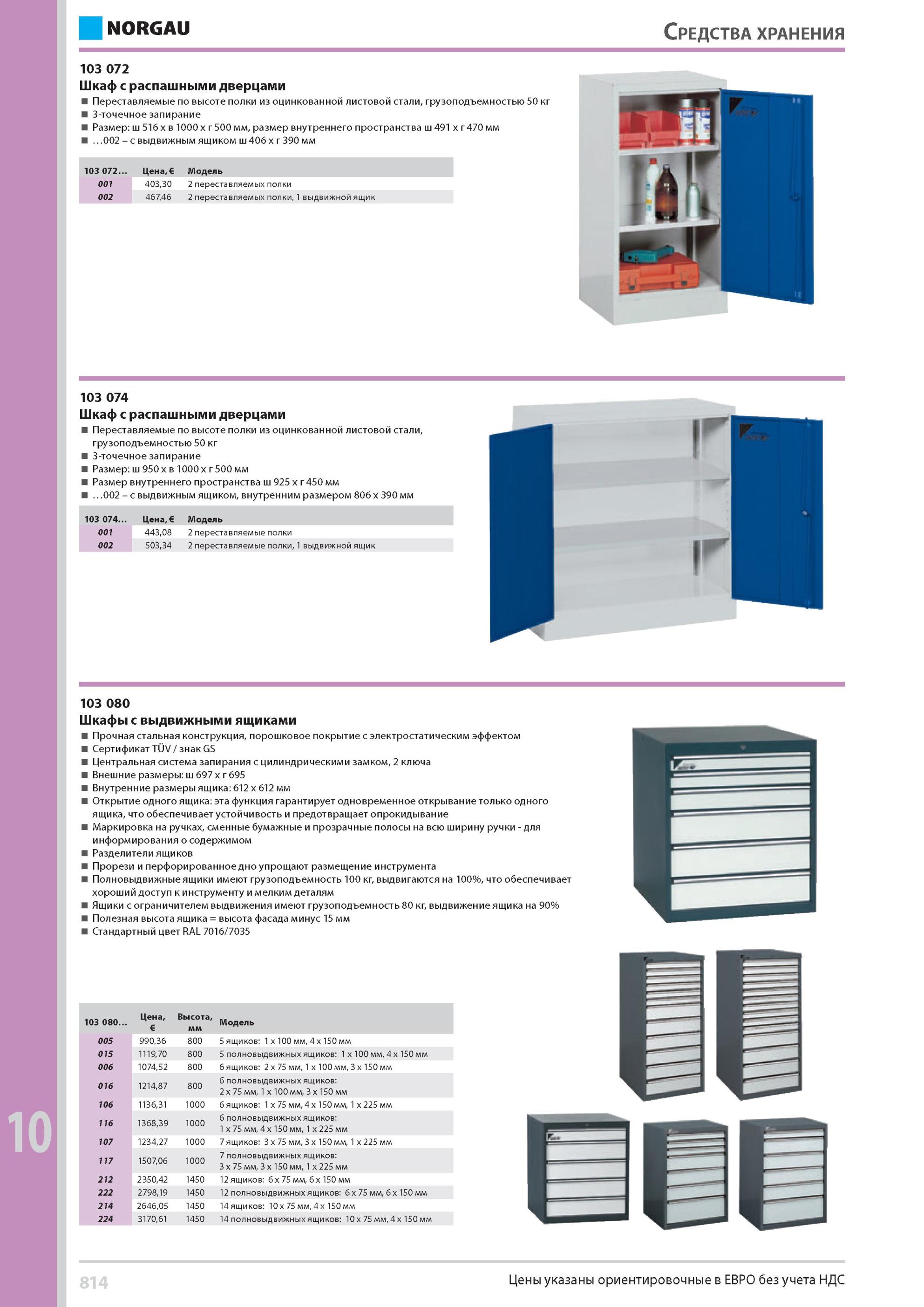 830 Шкаф с распашными дверцами Переставляемые по высоте полки из оцинкованной листовой стали грузоподъемностью 50 кг 3-точечное запирание Размер 516 x в 1000 x Каталог NORGAU 2014 Профессиональные инструменты и промышленное оборудование Стр. 814