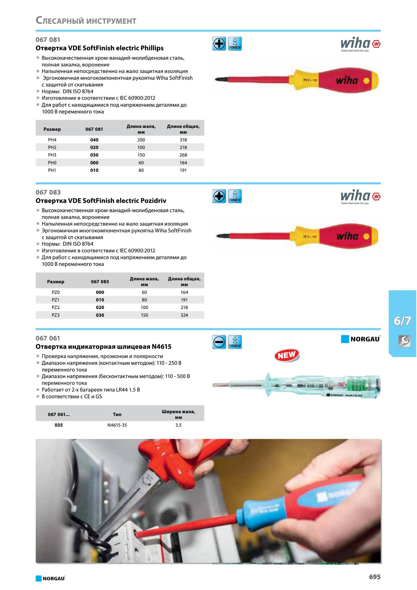 711 Отвертка VDE SoftFinish electric Phillips от Norgau Высококачественная хром-ванадий-молибденовая сталь, полная закалка, воронение Напыленная непосредственн Каталог NORGAU 2016 Профессиональный инструмент Металлорежущий монолитный и сборный Слесарный Измерительный Инструментальная оснастка Средства хранения Стр. 695
