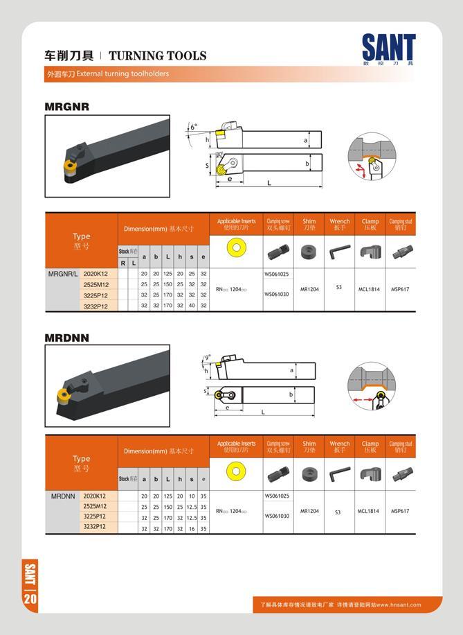 26 ¥ TURNING TOOLS External turning toolholders SANT t n 7i MRGNR Dimeniion(mm) BB lL± MRGNR/L 2020K12 2S2SM12 3225P12 3232P12 125 150 170 170 Apetattetreerts Каталог SANT 2016 Металлорежущий инструмент со сменными режущими пластинами Токарные резцы с СРП Расточные оправки Резьбовые державки Торцевые фрезы Корпусные сверла Стр. 20