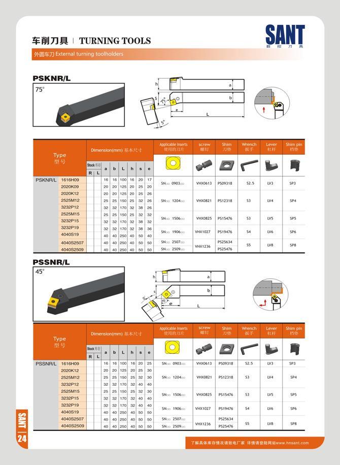 30 PSKNFVL KR1 E7J External turning toolholders turning tools Dimension (mm) WKtu mmi ffiun/jM HH Sue f1 K 1 h A R M >- e 1616M09 16 16 ICO 16 20 17 2020K09 2 Каталог SANT 2016 Металлорежущий инструмент со сменными режущими пластинами Токарные резцы с СРП Расточные оправки Резьбовые державки Торцевые фрезы Корпусные сверла Стр. 24