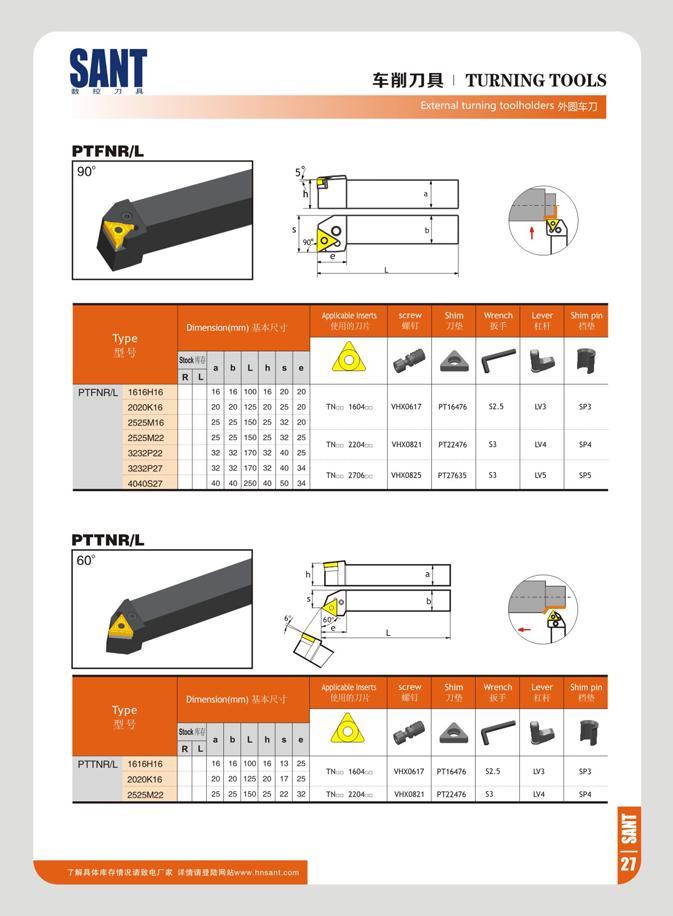 33 SANT ¥iJ71R TURNING TOOLS External turning toolholders 9HH37 PTFNR/L Type Dimenslon<mm) V- K1 MW u h 7 a D L n 8 PTFNRl 1616H16 16 V 100 16 20 20 2020K16 2 Каталог SANT 2016 Металлорежущий инструмент со сменными режущими пластинами Токарные резцы с СРП Расточные оправки Резьбовые державки Торцевые фрезы Корпусные сверла Стр. 27