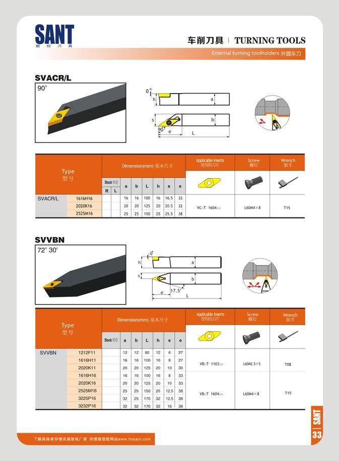 39 SANT ft re 71 k ¥iJ71R TURNING TOOLS External turning toolholders MSSJJ SVACR/L 3 2° e L Type H 11 Dimensionfmm) V-t l 1 Aftfxattc htfits MMM/IH Screw il W Каталог SANT 2016 Металлорежущий инструмент со сменными режущими пластинами Токарные резцы с СРП Расточные оправки Резьбовые державки Торцевые фрезы Корпусные сверла Стр. 33