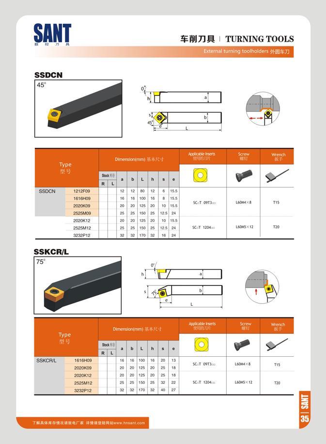41 SANT M 10 71 TURNING TOOLS External turning toolholders 9M9 73 SSDCN >( £ tats Screw Wrench 1 )irnenslon(mm) A HtJ &T- Type / ISVIl Sw R 116 > a b L h S SS Каталог SANT 2016 Металлорежущий инструмент со сменными режущими пластинами Токарные резцы с СРП Расточные оправки Резьбовые державки Торцевые фрезы Корпусные сверла Стр. 35