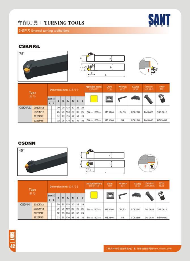 48 TURNING TOOLS SANT t re 7i NH 7 J External turninc Wrench ST Dimerolon(mm) CSKNR/L DSP 0612 DSP 0612 CSDNN n i l , i / c-OekEem DunensM CSDNN a b L h s e u Каталог SANT 2016 Металлорежущий инструмент со сменными режущими пластинами Токарные резцы с СРП Расточные оправки Резьбовые державки Торцевые фрезы Корпусные сверла Стр. 42