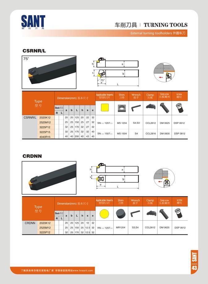 49 Wrench & r I TURNING TOOLS External turning toolholders J CSRNR/L D meni on(mm) V VJ a b L h e u R L CSRNftl 2020K12 20 20 125 20 22 32 2525M12 25 25 150 2 Каталог SANT 2016 Металлорежущий инструмент со сменными режущими пластинами Токарные резцы с СРП Расточные оправки Резьбовые державки Торцевые фрезы Корпусные сверла Стр. 43