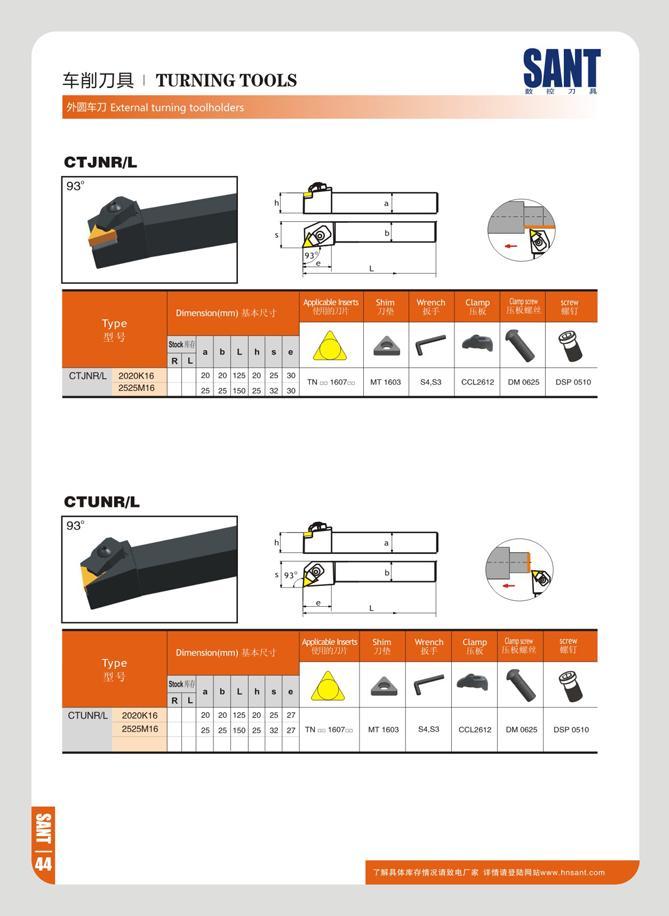 50 ¥ M U M TURNING TOOLS 9KHS7J External turning toolholders SANT n 7i CTJNR/L rQ m CTJNFVL 2020K16 2525M16 Ti j i\ k Dimension(mm) V4 K'J A( Kjtte hwm WWW)\ Каталог SANT 2016 Металлорежущий инструмент со сменными режущими пластинами Токарные резцы с СРП Расточные оправки Резьбовые державки Торцевые фрезы Корпусные сверла Стр. 44