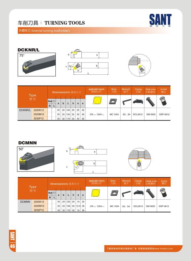 52 TURNING TOOLS SANT t re 7i 9KHSZ3 External turning D monsK i(mm) V K>1 A to e lw ts WIB'J/J'V Shim H Wrench sr Clamp a Cirrevre screw (J Ell DCKNR1 2020K12 Каталог SANT 2016 Металлорежущий инструмент со сменными режущими пластинами Токарные резцы с СРП Расточные оправки Резьбовые державки Торцевые фрезы Корпусные сверла Стр. 46