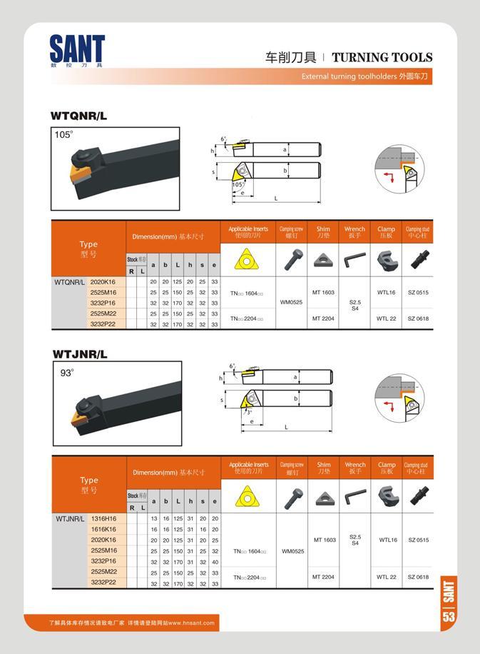 59 SANT ft re 71 I TURNING TOOLS External turning toolholders MHSJJ WTQNR/L Tfa (Kim Wrr v h 1 arrv\ Oim ” nwi V WI i v v4v ST- IK ' ' ( /> Lr- WTONRL 2020K16 Каталог SANT 2016 Металлорежущий инструмент со сменными режущими пластинами Токарные резцы с СРП Расточные оправки Резьбовые державки Торцевые фрезы Корпусные сверла Стр. 53