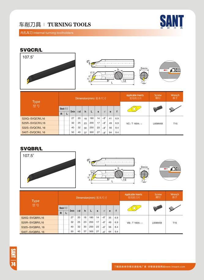 80 TURNING TOOLS WUEJJ Internal turning toolholders SANT n r 7) n SVQCR/L S20O-SVQCR116 S25R-SVQCR/L16 S32S-SVQCR116 S40T-SVQCRL 16 \7 VS -/< X Dmenslon(mm) A Каталог SANT 2016 Металлорежущий инструмент со сменными режущими пластинами Токарные резцы с СРП Расточные оправки Резьбовые державки Торцевые фрезы Корпусные сверла Стр. 74