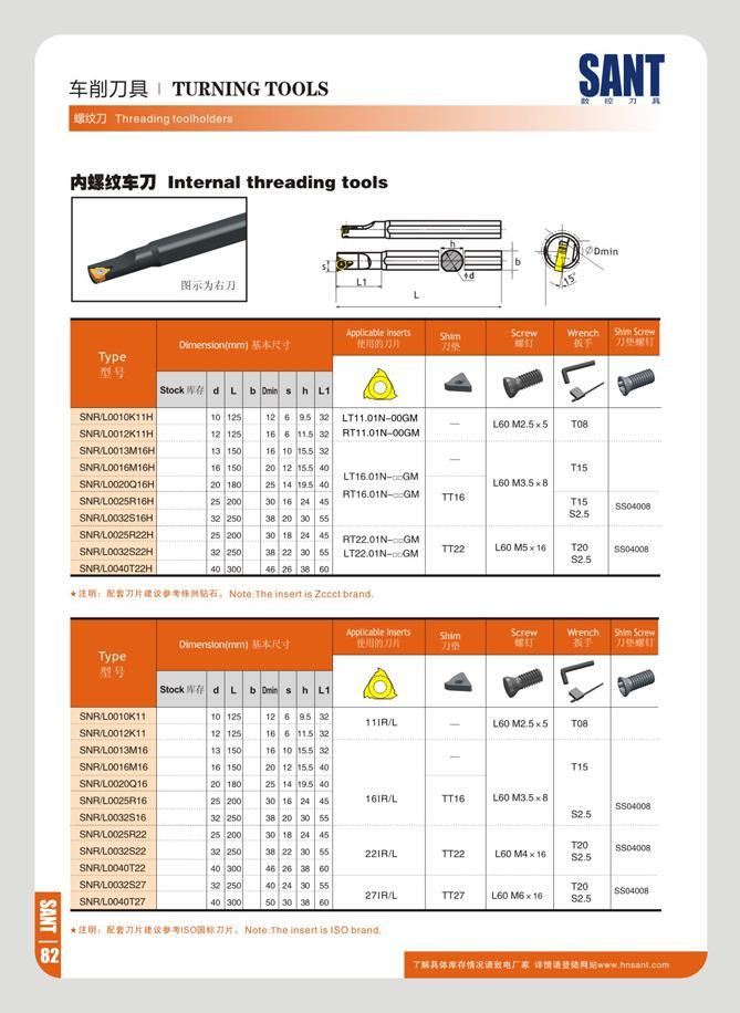 88 TURNING TOOLS SANT t re 7i 8‘ 73 Threading toolholders SNR10010K11H SNRL0012K11H SNRL0013M16H SNRL0016M16H SNRI0020Q16H SNRU002SB16H SNR10032S16H SNR1002SR Каталог SANT 2016 Металлорежущий инструмент со сменными режущими пластинами Токарные резцы с СРП Расточные оправки Резьбовые державки Торцевые фрезы Корпусные сверла Стр. 82