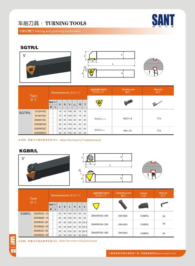 92 mn TURNING TOOLS tflK-yjfll7 Parting and grooving toolholders SGTR/L 10 GIR14 a : Noto Tho insort is Toshiba brand I -J e 7 Dimension (mm) Antatto kMrtS tt Каталог SANT 2016 Металлорежущий инструмент со сменными режущими пластинами Токарные резцы с СРП Расточные оправки Резьбовые державки Торцевые фрезы Корпусные сверла Стр. 86