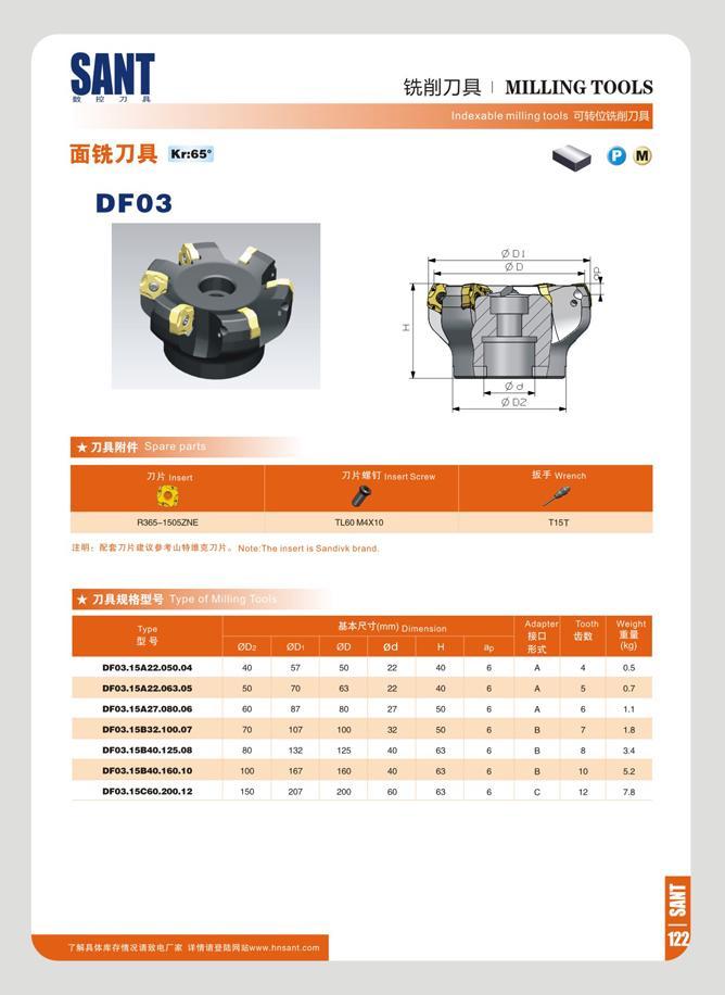 128 SANT n w 7J n ffiStTJft 65- DF03 wan MILLING TOOLS Indexable milling tools 7JttWtt Spare parts 71W insert 71tt It7 insert Screw Wrench Q - R365-150SZNE TL6 Каталог SANT 2016 Металлорежущий инструмент со сменными режущими пластинами Токарные резцы с СРП Расточные оправки Резьбовые державки Торцевые фрезы Корпусные сверла Стр. 122
