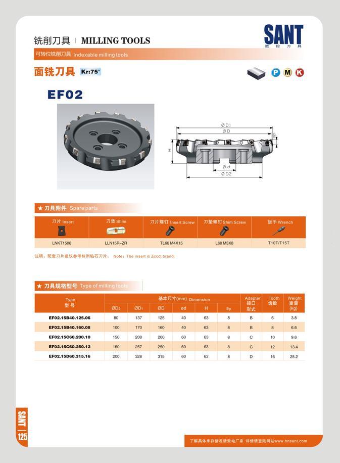 132 mm MILLING TOOLS SJRtQtJW'JER Indexable milling tools SftJJft Kn73- EF02 SANT te IQ 71 7 Wtt 7Jtt insert rt Screw TJfPBtJ Shim Screw LNKTI506 LIN15H-ZR TL6 Каталог SANT 2016 Металлорежущий инструмент со сменными режущими пластинами Токарные резцы с СРП Расточные оправки Резьбовые державки Торцевые фрезы Корпусные сверла Стр. 126