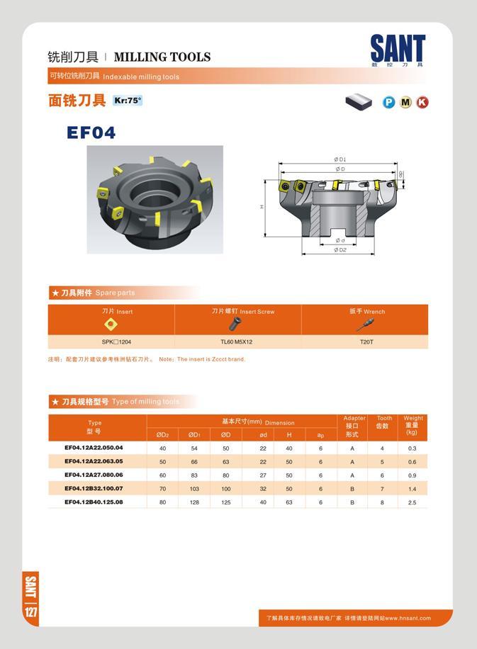135 mm MILLING TOOLS oJSfGKSWJTJS Indexable milling loots ft 71 ft EF04 SANT It 71 H o M O 7Jtt insert 71 Raw Insert Sere fi¥ Wrench o SPKC11204 TL60 M5X12 T20 Каталог SANT 2016 Металлорежущий инструмент со сменными режущими пластинами Токарные резцы с СРП Расточные оправки Резьбовые державки Торцевые фрезы Корпусные сверла Стр. 129