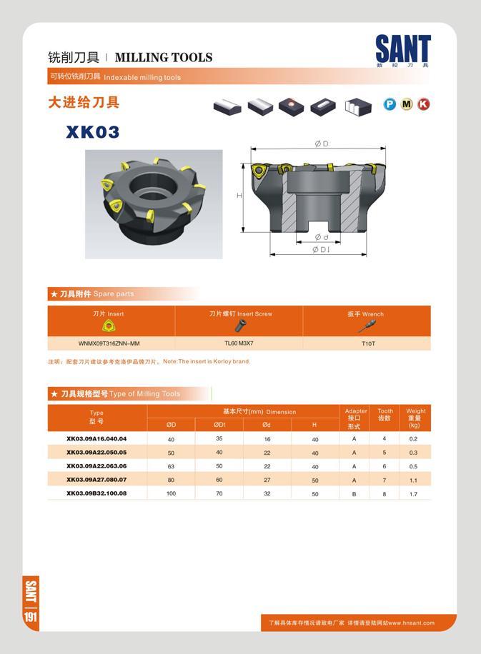 198 m\n MILLING TOOLS indexable milling tools XK03 SANT B IB 71 O M 71K insert 77K ttl WNMX09T316ZNN-MM TL60M3X7 a : Note The insert is Korloy brand TIOT 7 l l Каталог SANT 2016 Металлорежущий инструмент со сменными режущими пластинами Токарные резцы с СРП Расточные оправки Резьбовые державки Торцевые фрезы Корпусные сверла Стр. 192