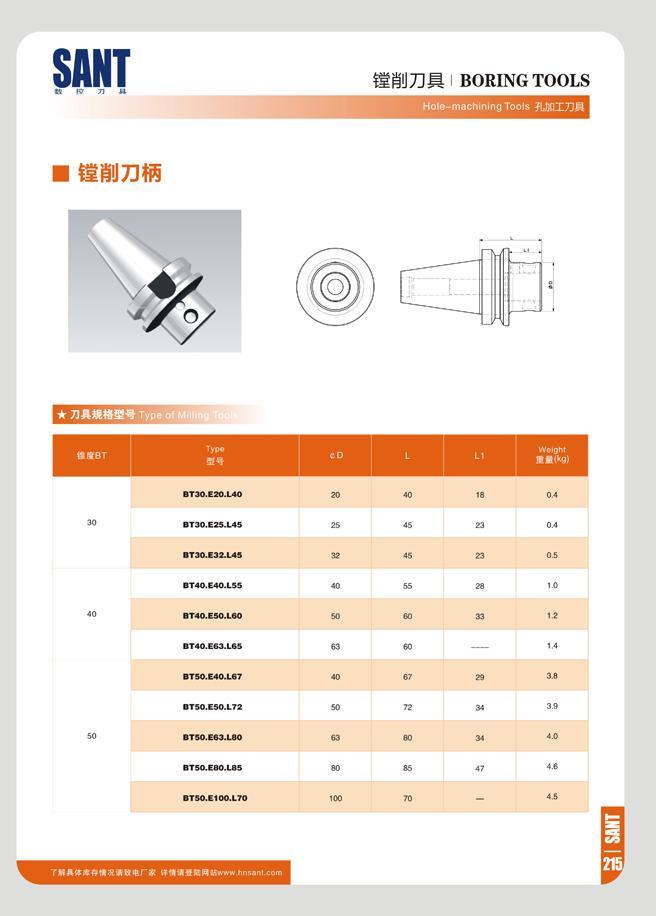 221 SANT t W 71 U ttftlZlR l BORING TOOLS chining Tools flJjQIJJB HltBT Typo S CD L LI Woighl BT30 E20 L40 20 40 18 0 4 30 BT30 E2S L4S 25 45 23 0 4 BT30 E32 1 Каталог SANT 2016 Металлорежущий инструмент со сменными режущими пластинами Токарные резцы с СРП Расточные оправки Резьбовые державки Торцевые фрезы Корпусные сверла Стр. 215