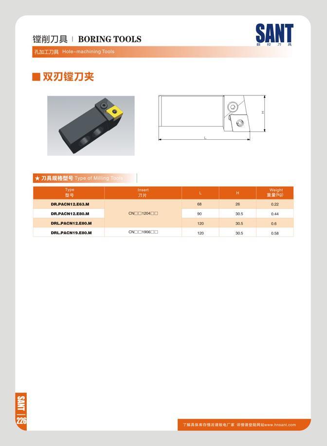 232 JLJIQITJH Hole-machining T< BORING TOOLS 3L SANT Typ BE Typo Insert L J Weight 7JK L M (K9) DR PACN12 E63 M 68 26 022 DR PACN12 E80 M C C)C 12(HaO 90 30 5 Каталог SANT 2016 Металлорежущий инструмент со сменными режущими пластинами Токарные резцы с СРП Расточные оправки Резьбовые державки Торцевые фрезы Корпусные сверла Стр. 226