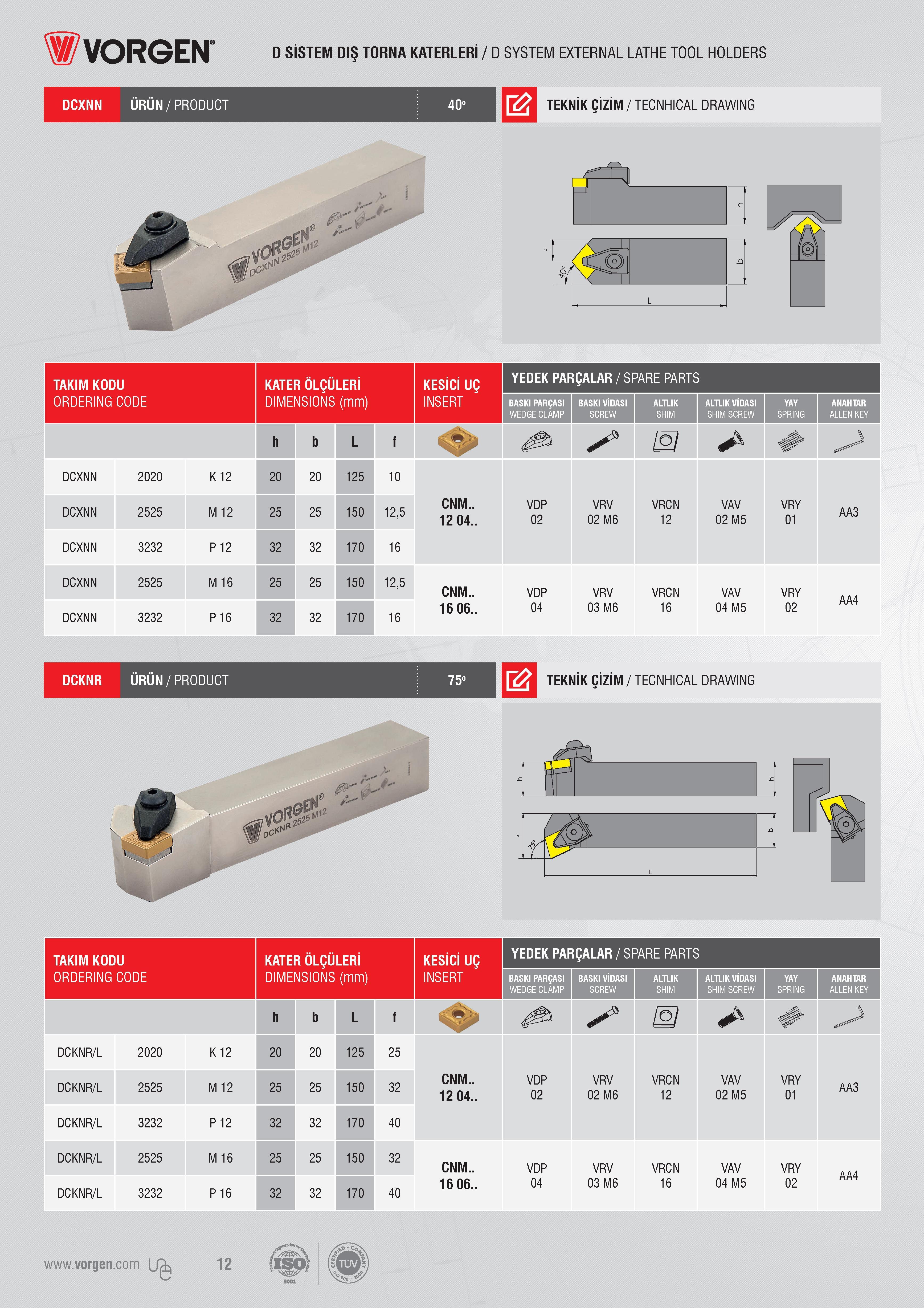 12 Vorgen DCXNN URUN/PRODUCT D SİSTEM DIŞ TORNA KATERLERİ / D SYSTEM EXTERNAL LATHE TOOL HOLDERS TEKNİK ÇİZİM / TECNHICAL DRAWING y -L „ û ’ L TAKIM KODU KE Каталог VORGEN 2018 Станочный инструмент с режущими сменными пластинами Токарные резцы Расточные державки и оправки Фрезы концевые и насадные с СРП Сверла Стр. 12