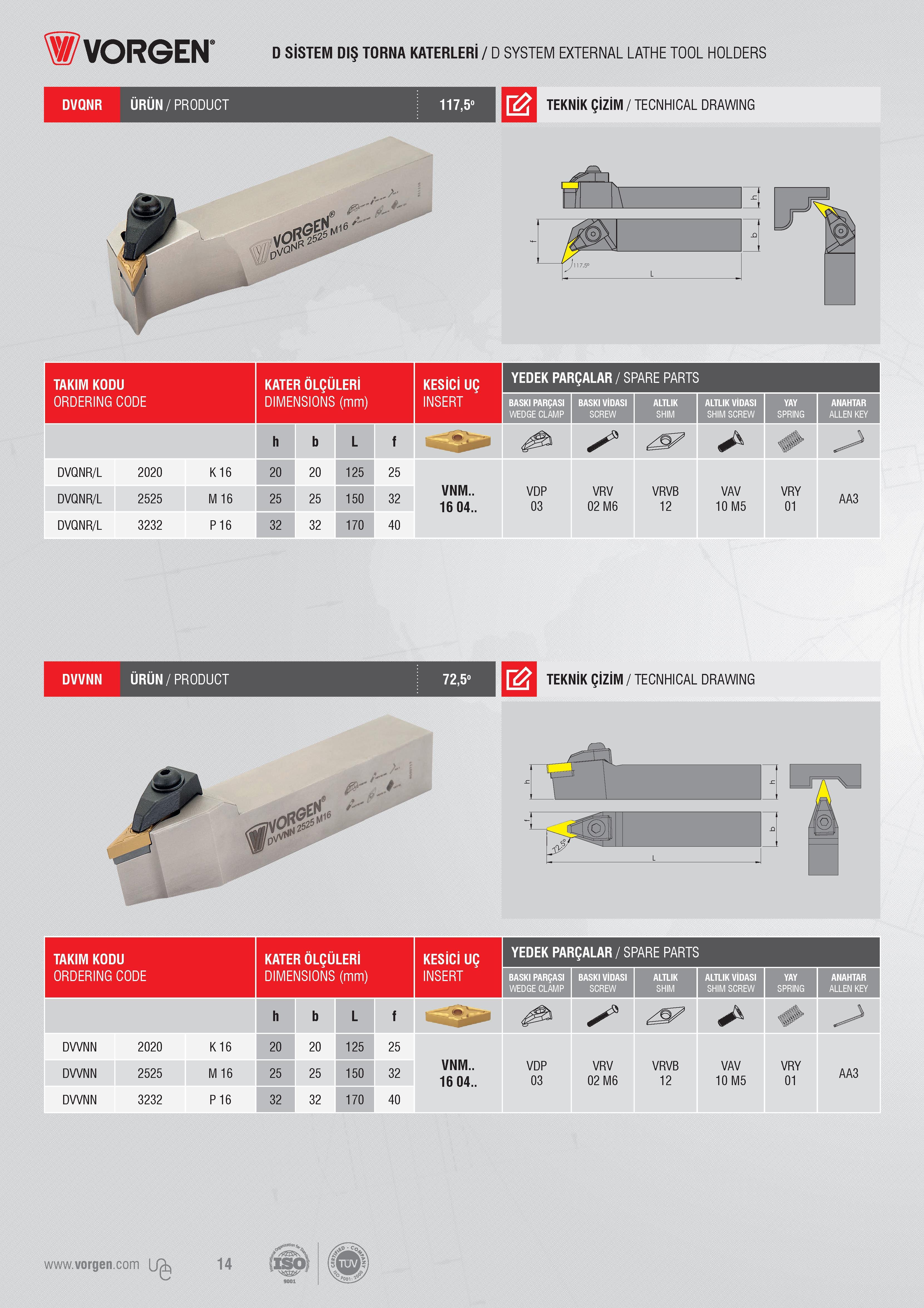 14 Vorgen D SİSTEM DIŞ TORNA KATERLERİ / D SYSTEM EXTERNAL LATHE TOOL HOLDERS DVQNR PRODUCT TEKNİK ÇİZİM / TECNHICAL DRAWING DVVNN ÜRÜN/PRODUCT 72,5° TEKNİK Каталог VORGEN 2018 Станочный инструмент с режущими сменными пластинами Токарные резцы Расточные державки и оправки Фрезы концевые и насадные с СРП Сверла Стр. 14