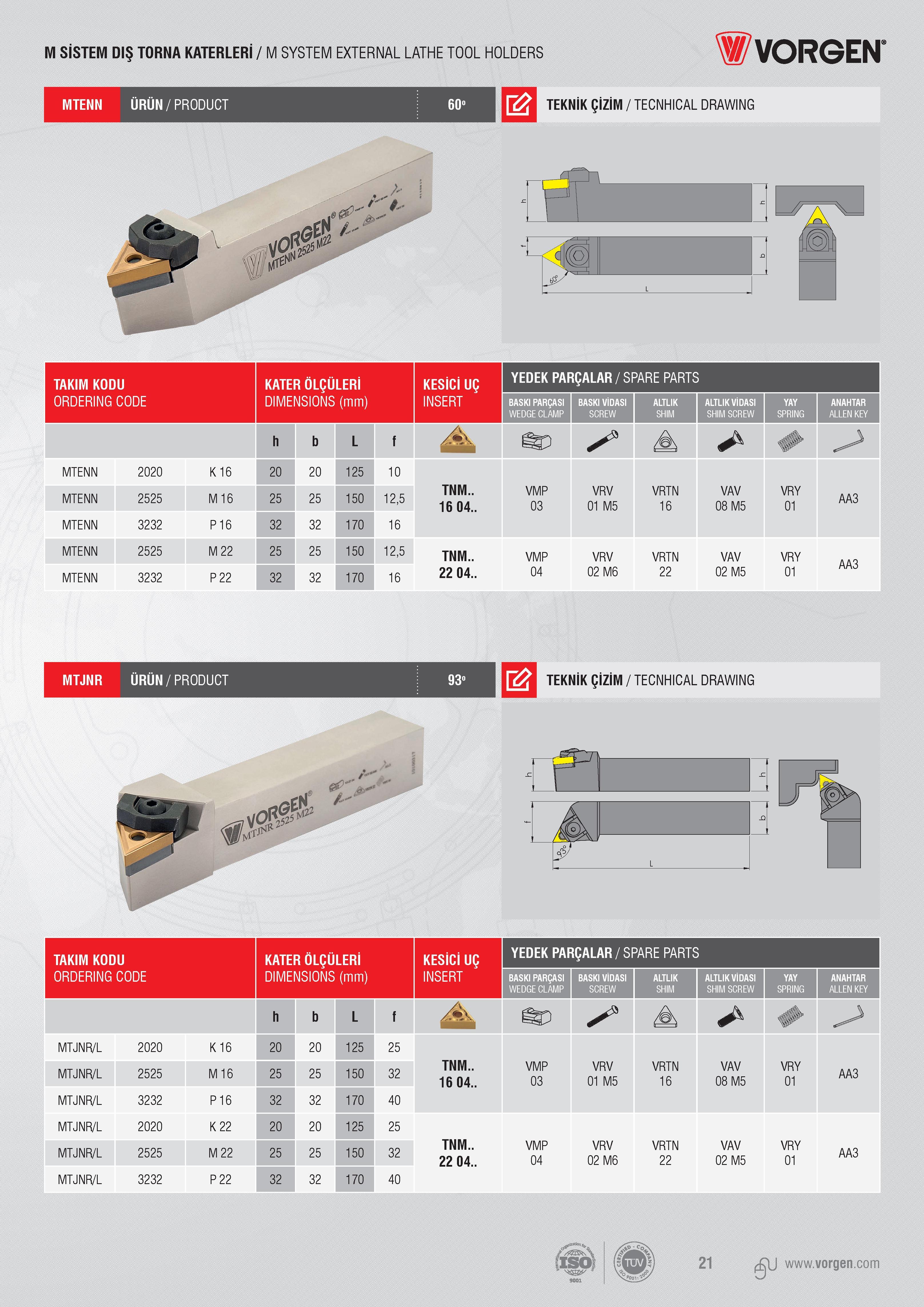 21 M SİSTEM DIŞ TORNA KATERLERİ / M SYSTEM EXTERNAL LATHE TOOL HOLDERS Vorgen MTENN ÜRÜN/PRODUCT 60° TEKNİK ÇİZİM / TECNHICAL DRAWING TAKIM KODU ORDERING CO Каталог VORGEN 2018 Станочный инструмент с режущими сменными пластинами Токарные резцы Расточные державки и оправки Фрезы концевые и насадные с СРП Сверла Стр. 21