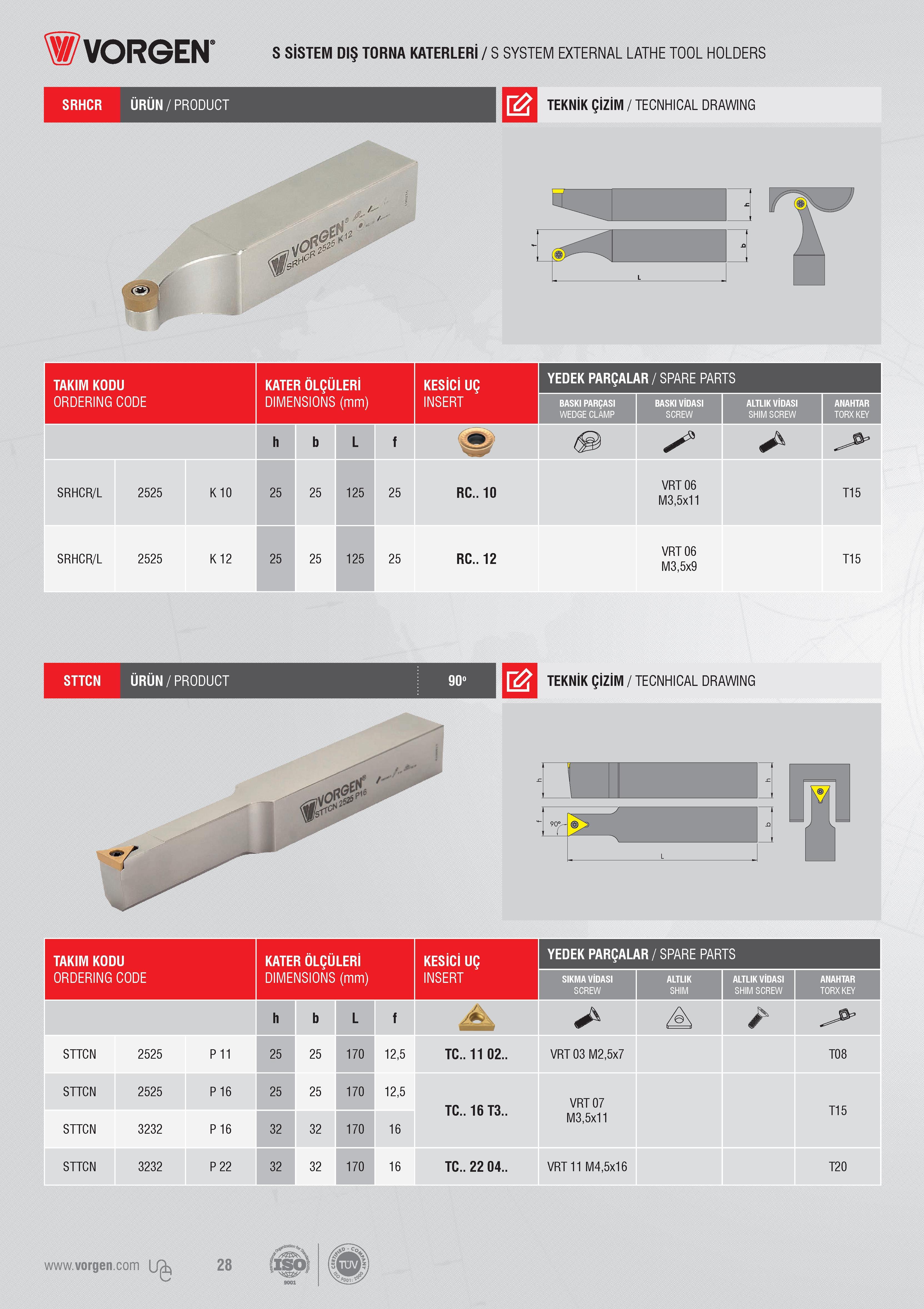 28 Vorgen SRHCR ÜRÜN/PRODUCT S SİSTEM DIŞ TORNA KATERLERİ / S SYSTEM EXTERNAL LATHE TOOL HOLDERS TEKNİK ÇİZİM / TECNHICAL DRAWING TAKIM KODU KATER ÖLÇÜLERİ Каталог VORGEN 2018 Станочный инструмент с режущими сменными пластинами Токарные резцы Расточные державки и оправки Фрезы концевые и насадные с СРП Сверла Стр. 28
