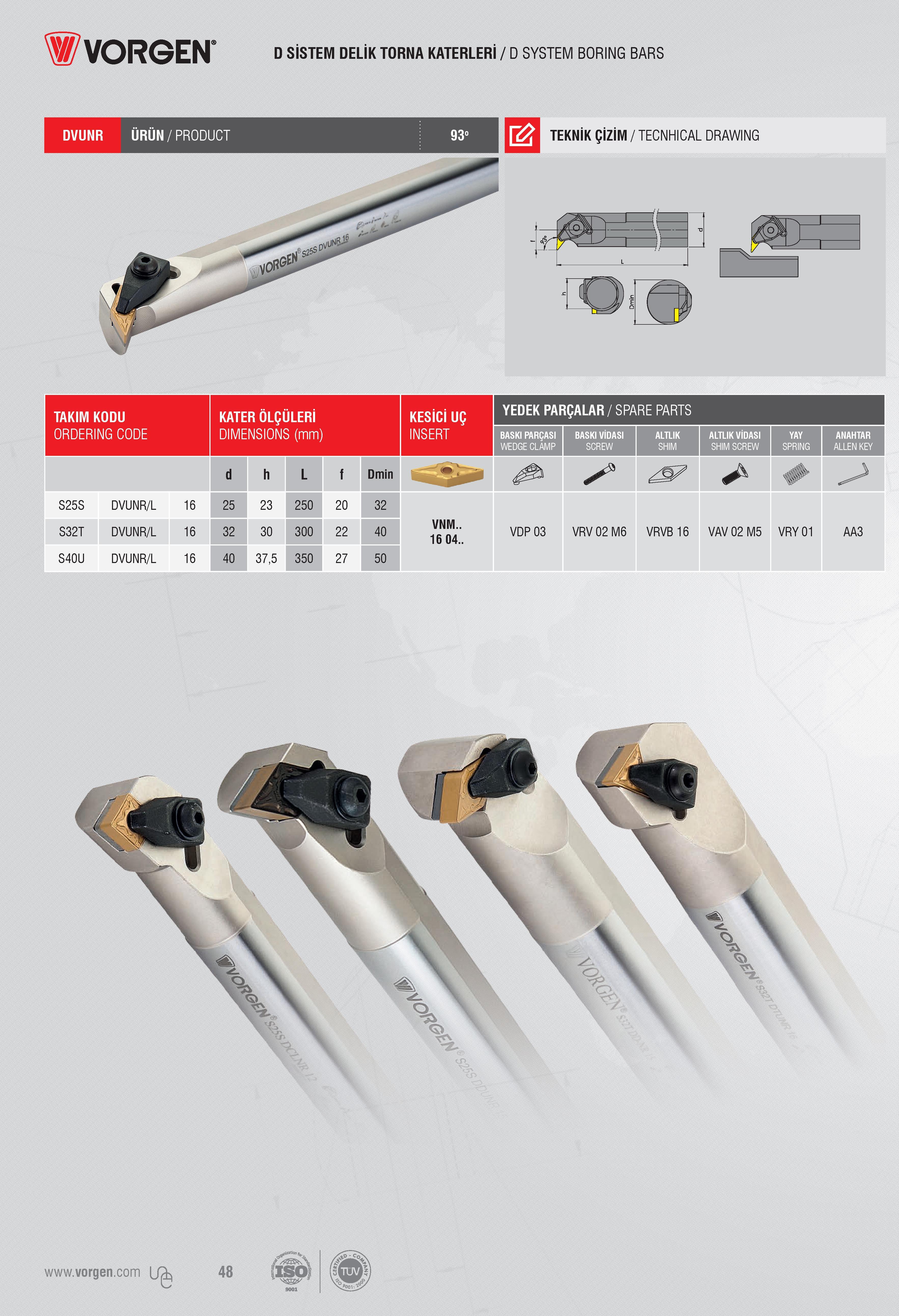 48 D SİSTEM DELİK TORNA KATERLERİ / D SYSTEM BORING BARS TEKNİK ÇİZİM / TECNHICAL DRAWING TAKIM KODU KATER ÖLÇÜLERİ KESİCİ UÇ YEDEK PARÇALAR / SPARE PARTS З Каталог VORGEN 2018 Станочный инструмент с режущими сменными пластинами Токарные резцы Расточные державки и оправки Фрезы концевые и насадные с СРП Сверла Стр. 48