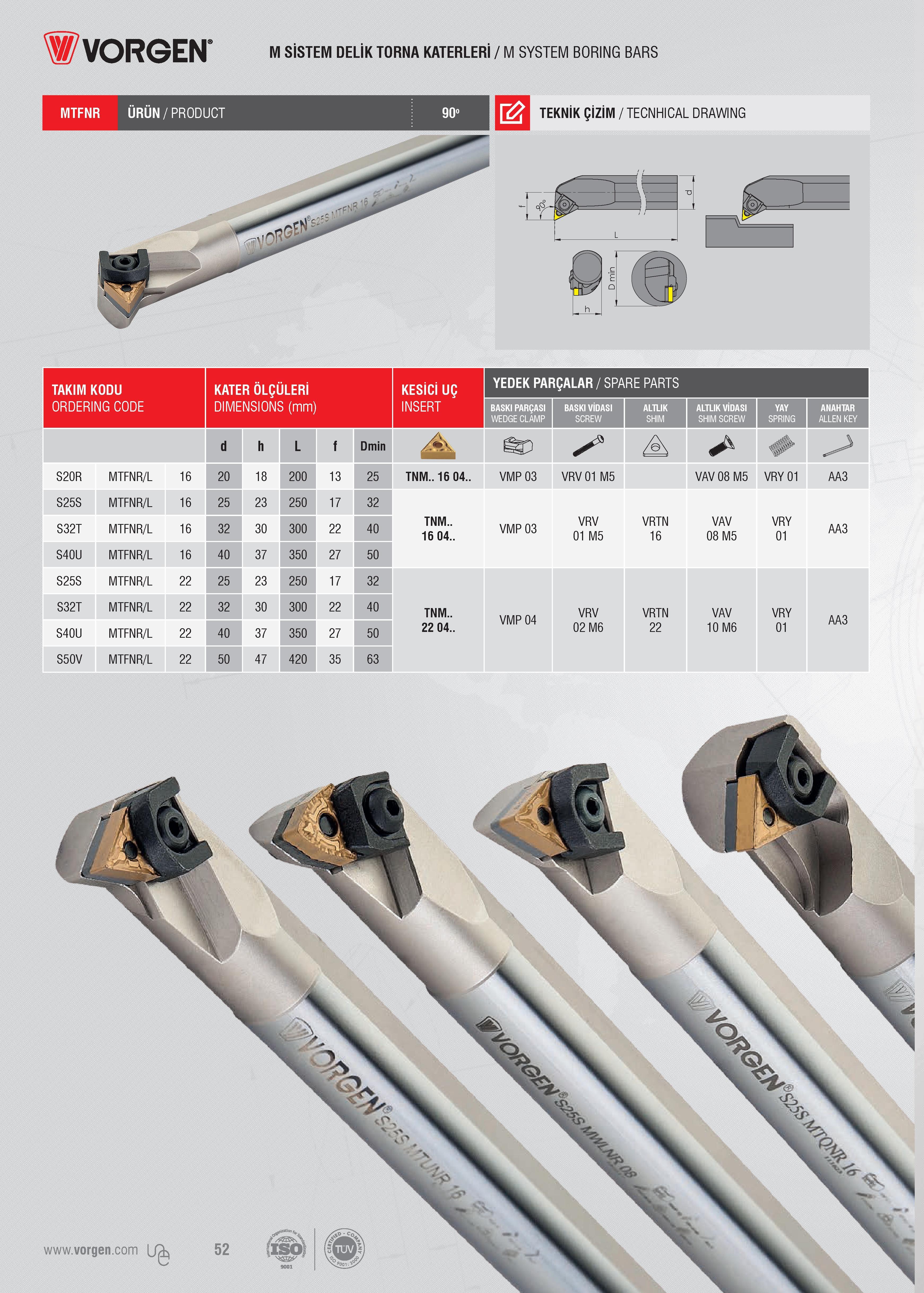 51 İVORGEN M SİSTEM DELİK TORNA KATERLERİ / M SYSTEM BORING BARS MTFNR ÜRÜN/PRODUCT 90° w TEKNİK ÇİZİM / TECNHICAL DRAWING TAKIM KODU KATER ÖLÇÜLERİ KESİCİ Каталог VORGEN 2018 Станочный инструмент с режущими сменными пластинами Токарные резцы Расточные державки и оправки Фрезы концевые и насадные с СРП Сверла Стр. 51